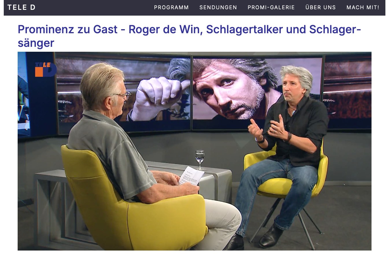 Warum tut man sich Schlager an, Roger De Win? Die überraschende Antwort und andere Fragen – live im Talk auf Tele D. Verpasst? Diese Woche auf Tele-D - oder streamen auf tele-d.ch