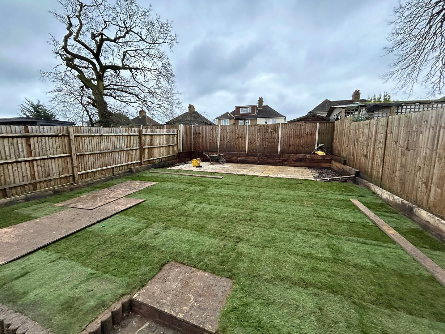 Garden re levelled and Patio laid onto a reinforced concrete base ready for future garden office.