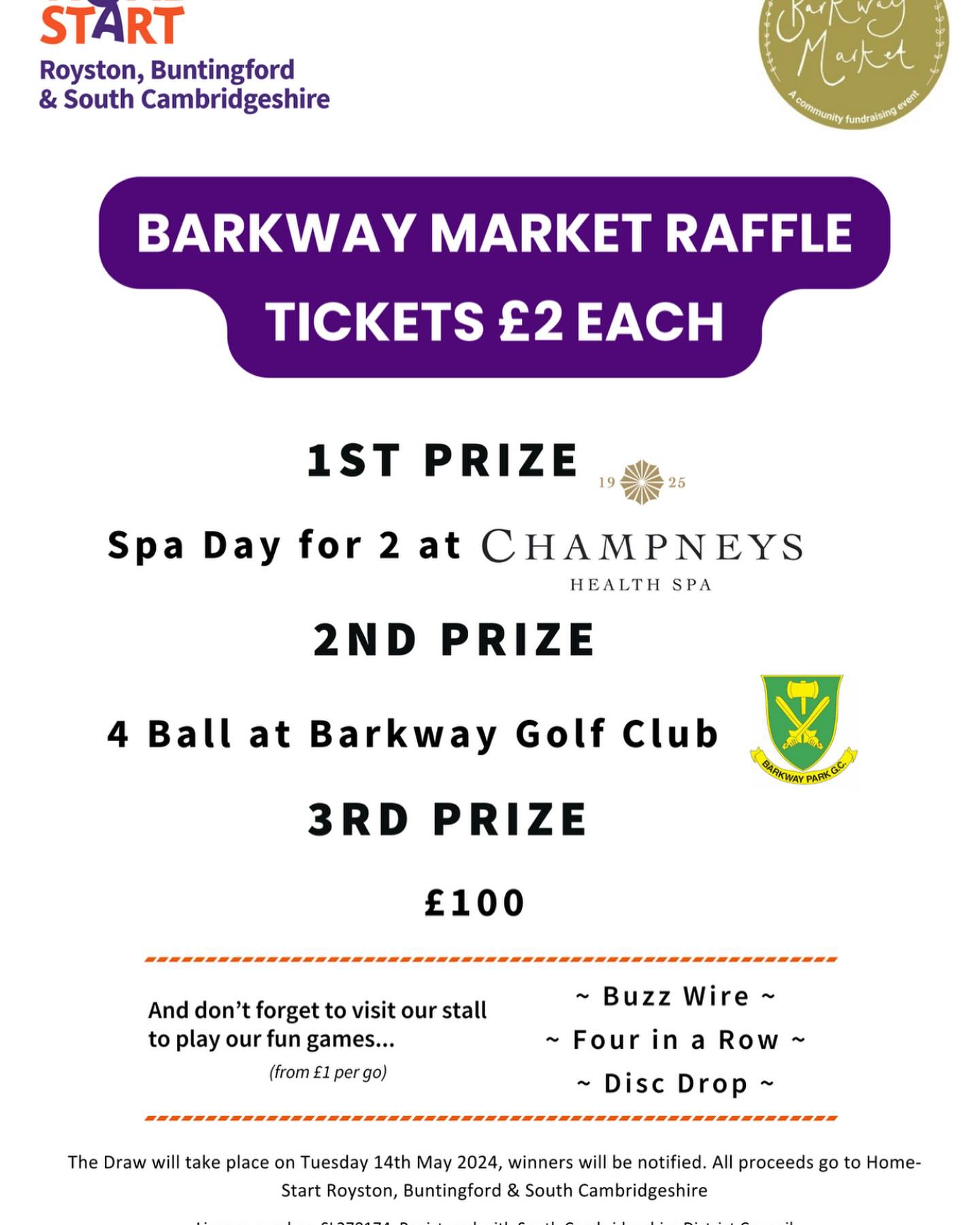 We’re excited to announce the @homestartroyston will be joining us on Saturday 11 May. This will be the first time Home-Start Royston, Buntingford and South Cambridgeshire will be attending our fabulous market.
.
Have you bought your ticket to our market yet?! If not, follow this link https://www.barkwaymarket.org/event-details-registration/barkway-market-2024-1
.
But wait, there’s more! 🌟 Home-Start will be running THE ONLY raffle at this event, and trust us, it’s going to be the talk of the town. With a first prize of a Spa Day for 2 at the fabulous Champneys in Henlow, a 2nd prize of 4-ball golf at Barkway Golf Club, and a 3rd prize of £100 cash - you won’t want to miss out!
.
But that’s not all! They’ve got stalls with games like Buzz Wire, Four in a Row, and Disc Drop, plus a tantalizing chocolate tombola. And for all the budding artists, there will be a chill-out zone where kids can let their creativity soar with awesome colouring sheets.
.
To buy your Home-Start raffle tickets follow this link https://buy.stripe.com/cN23fU4YD6WH7aEbIL
#BarkwayMarket #CommunitySpirit #homestart #homestartroyston #barkwayvillagemarket
.