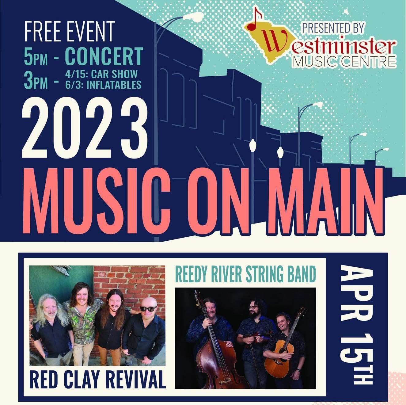 Happy Music on Main day!!! We have beautiful weather on tap and a stage full of great music with Red Clay Revival and Reedy River String Band.
Classic Car show starts at 3
Concert starts at 5 and goes until dusk
Food trucks and beer/wine available for purchase
Bring a chair and a friend!