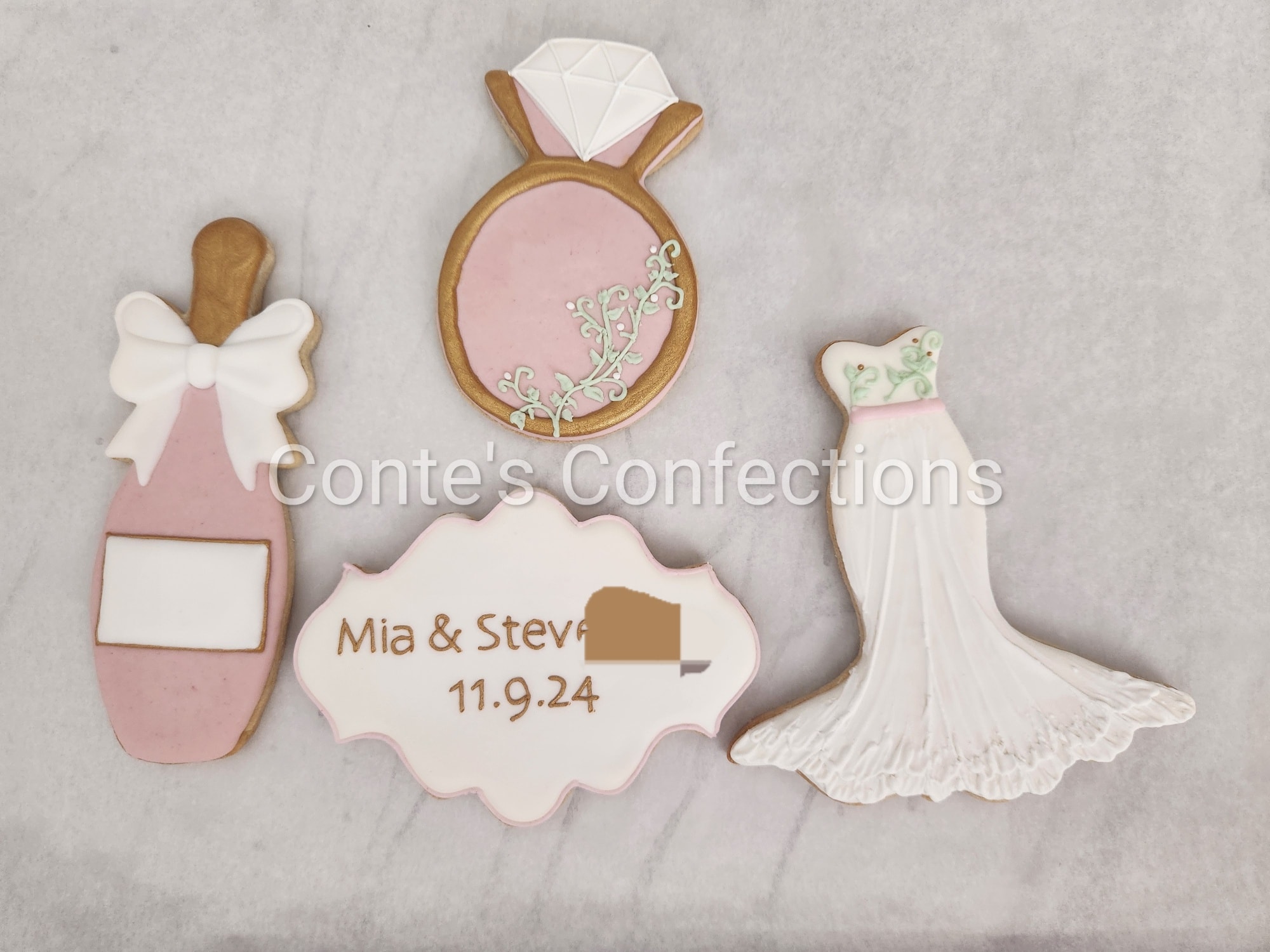 Engagement sugar cookies (colored out last name).