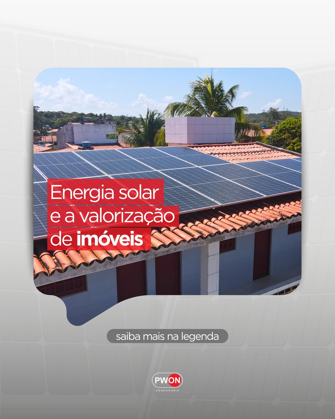 Quem instala energia solar não ganha só economia mensal... ganha valor patrimonial.
Aqui no Brasil, a ABSOLAR aponta que imóveis com sistema fotovoltaico podem se valorizar em até 10%.
E faz sentido: o comprador não enxerga apenas placas no telhado. Ele enxerga uma casa com custo de vida menor, mais autonomia e uma escolha alinhada ao futuro.
No fim, energia solar vira um diferencial real na hora de vender ou alugar — porque reduz despesa fixa e aumenta atratividade.
Se você pensa o imóvel como um projeto de vida (ou de investimento), essa conta fica muito clara. Fale com a PWON e saiba mais.