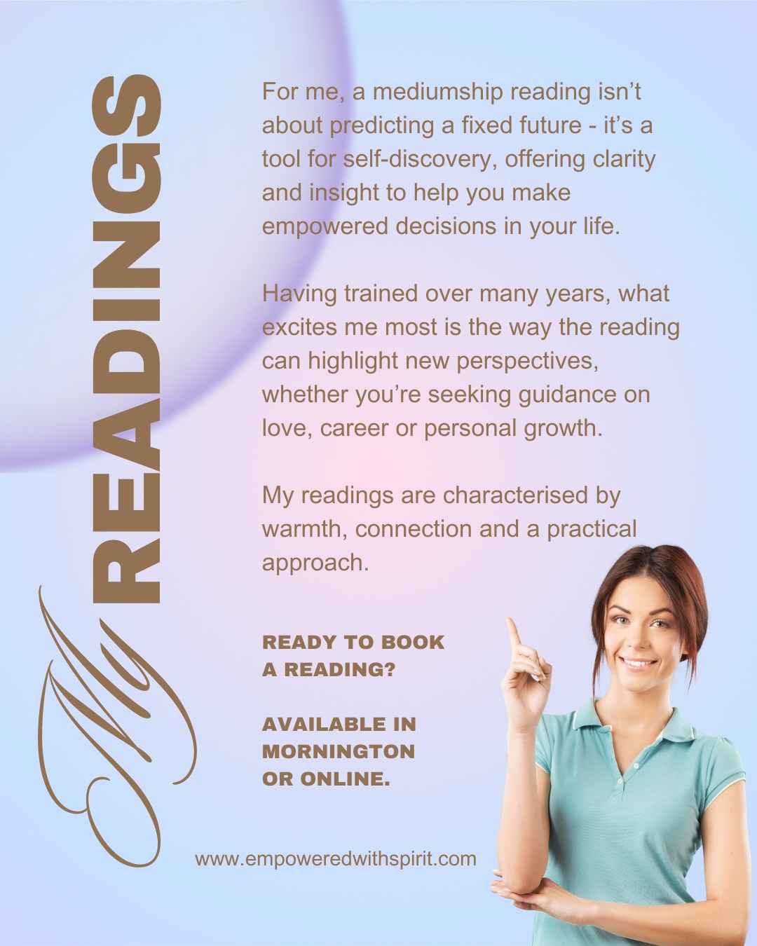 Mediumship Readings with Michele Ling, in person at Mornington or online.
A mediumship reading is an opportunity for a deeper understanding and insight into your life. Whether you're seeking clarity, comfort or a renewed sense of purpose, this experience offers a gentle space to explore your life’s journey with fresh eyes and an open heart.
✨ Gain insight into personal experiences
✨ Discover clarity and direction
✨ Deepen your sense of love, purpose and find a peace within
For many, a reading brings solace and closure—especially for those navigating grief or longing to reconnect with loved ones in spirit. It can illuminate the path ahead, helping you move forward with greater awareness and emotional freedom.
Having trained extensively over many years in the practice of spiritual connection and human development, Michele creates a space where compassion leads the way - inviting healing, clarity & peace.
Available in person, online or by phone. Learn more at empoweredwithspirit.com
Let your spirit be heard. Let your heart be held.
.
#mediumship #mediumshipreadings #mornington #sphinxspiritual