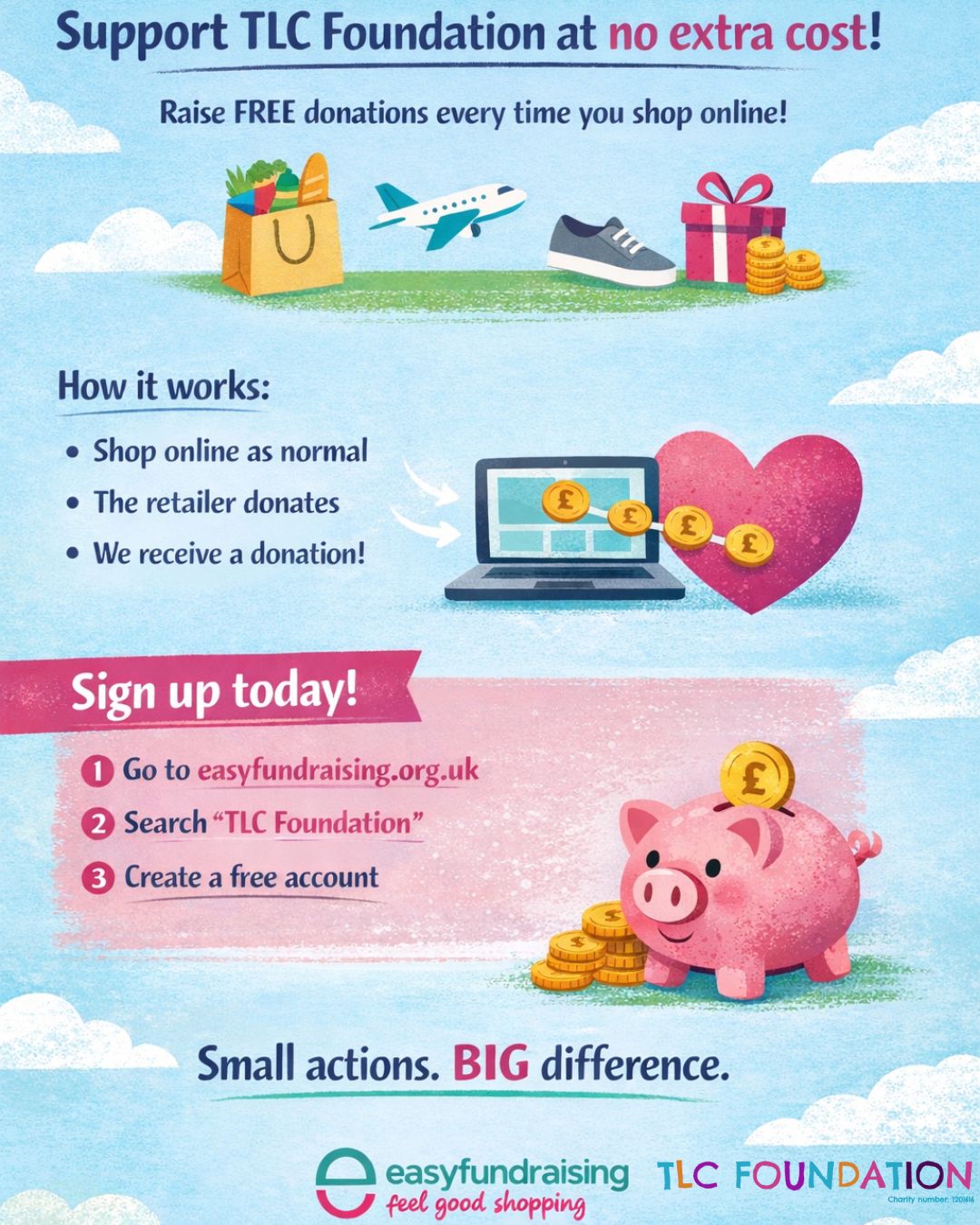 Support TLC Foundation at no extra cost to you.
@easyfundraising lets you raise money for us every time you shop online. Over 8,000 retailers take part, including supermarkets, travel sites and high street brands.
How it works
• You shop online as normal
• The retailer donates a percentage of what you spend
• TLC Foundation receives the donation
• It costs you nothing
How to sign up
• Go to easyfundraising.org.uk
• Search for TLC Foundation
• Create a free account in under 2 minutes
• Start shopping through the site or app
Example
If you spend £100 on a shop with a 2 percent donation, TLC Foundation receives £2. Small actions add up.
#TLCFoundation #EasyFundraising #RaiseFundsForFree #GiveAsYouShop #SupportCharities #FundraisingUK #EveryPoundCounts