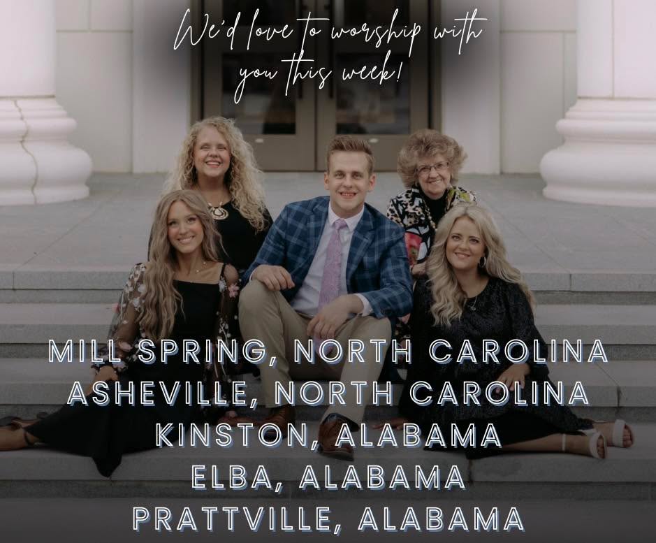 Come and join us this week! Nothing better than lifting up the name of the Lord together and seeing familiar (and new!) faces. 🎶🤍
📍 Mill Spring, North Carolina
📍 Asheville, North Carolina
📍 Kinston, Alabama
📍 Elba, Alabama
📍 Prattville, Alabama
Click the links below to see address and times! ⤵️
https://www.bandsintown.com/a/15504265?came_from=206
https://www.rogersfamilymusic.com/about-1