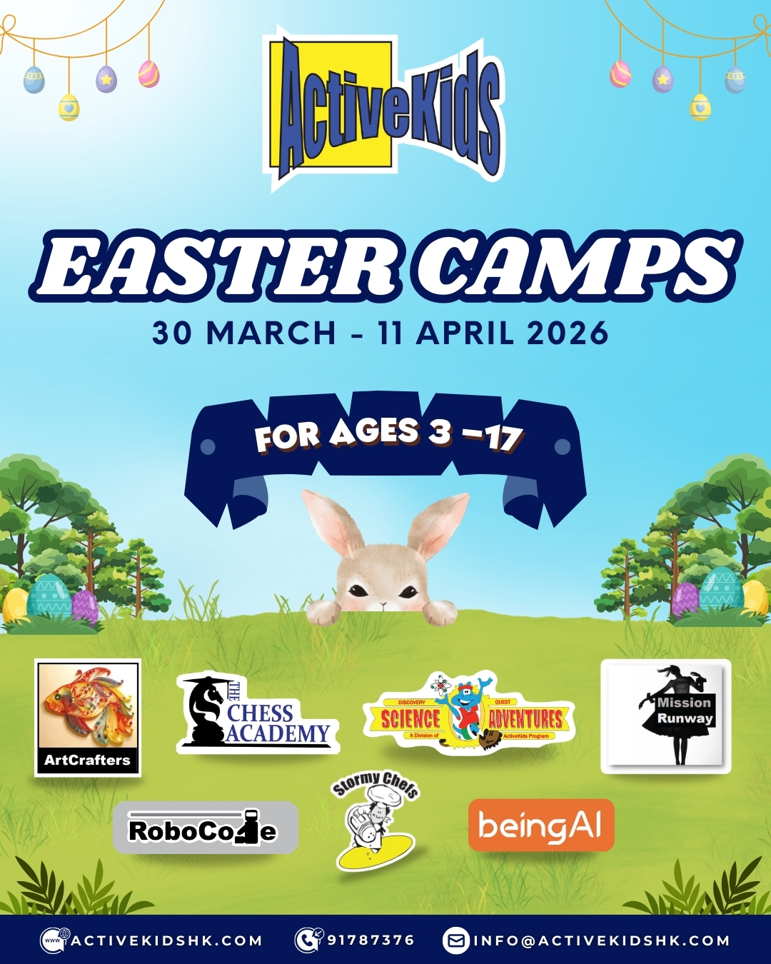 Ignite Your Child’s Curiosity This Spring with ActiveKids Easter Camps 2026! 🌸✨
From March 30 to April 11, we’re offering seven world-class educational adventures for ages 3–17.
♟️ The Chess Academy: Learn from the pros (Grandmasters!).
🔬 Science Adventures: Build motorized "Crazy Crawlers."
👩🍳 Stormy Chefs: Whip up Blueberry Blondies & more.
🤖 beingAI: Create your very own interactive AI beings.
💻 RoboCode: Master robotics and animation logic.
👗 Mission Runway: Design "Petal Couture" fashion.
🎨 ArtCrafters: Craft Pompom Bunnies & host an exhibition.
📅 When: March 30 – April 11, 2026
📍 Where: 86 Belcher's Street, Kennedy Town
Don’t wait—spaces fill up fast! 🏃💨
➡️ Link in bio to register!
#ActiveKidsHK #EasterCamps2026