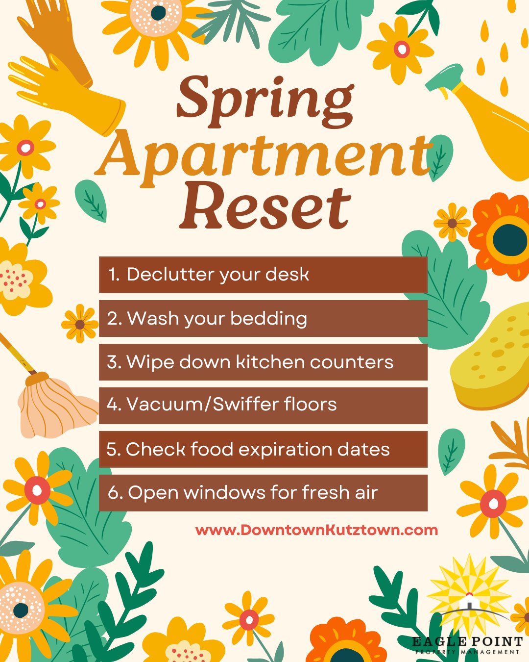 Spring is here — and your space deserves a little refresh. Open those windows, declutter your desk, and let the sunshine in. 🌞✨
#SpringReset #ApartmentLife #eaglepoint #downtownkutztown #KU #goldenbears #kutztownuniversity #livehowyouwantto #EPPM #April