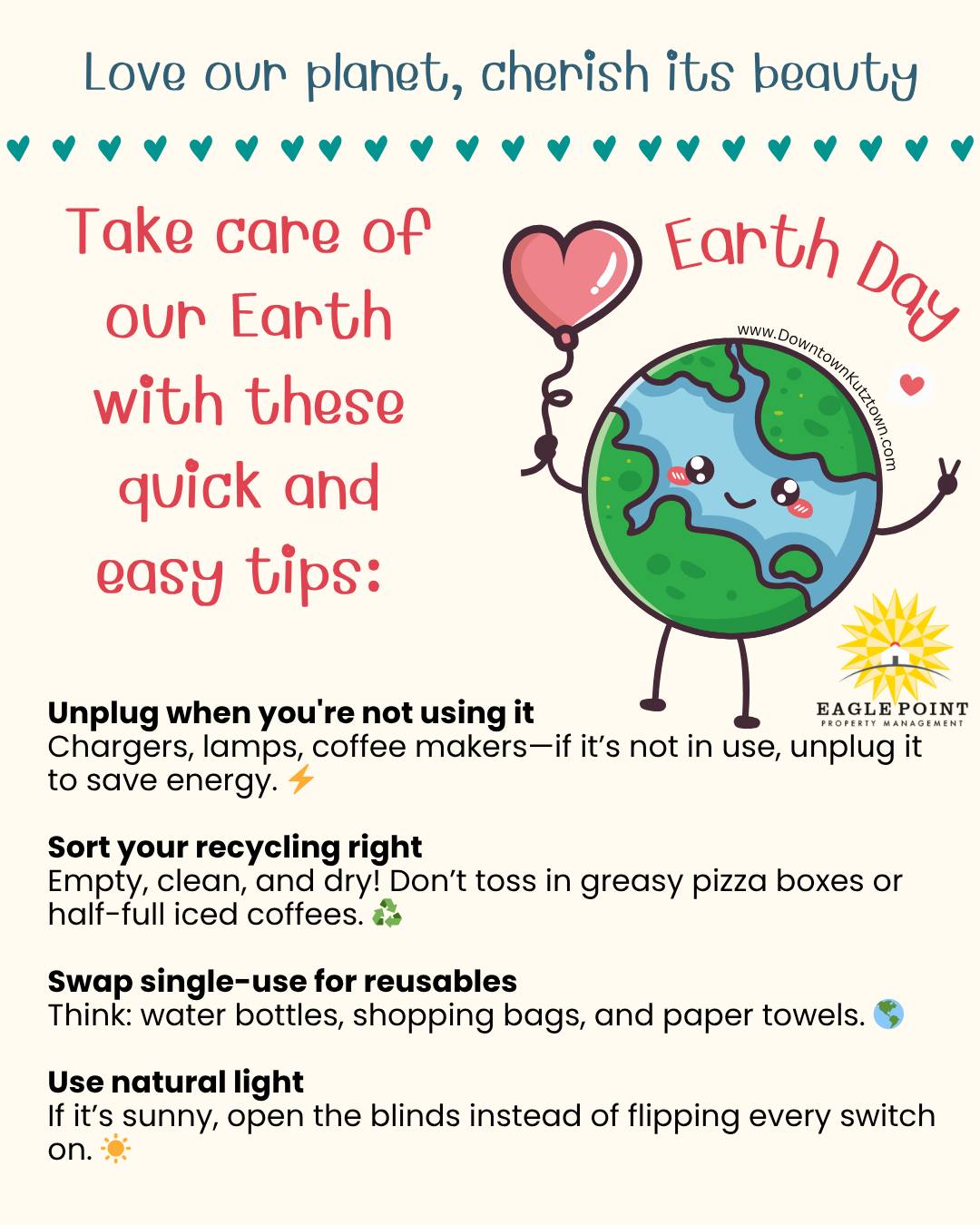 Small steps, big impact. Let’s make every day Earth Day—starting at home. 💚♻️ #EarthDay #GreenLiving #eaglepoint #downtownkutztown #KU #goldenbears #kutztownuniversity #livehowyouwantto #EPPM #April