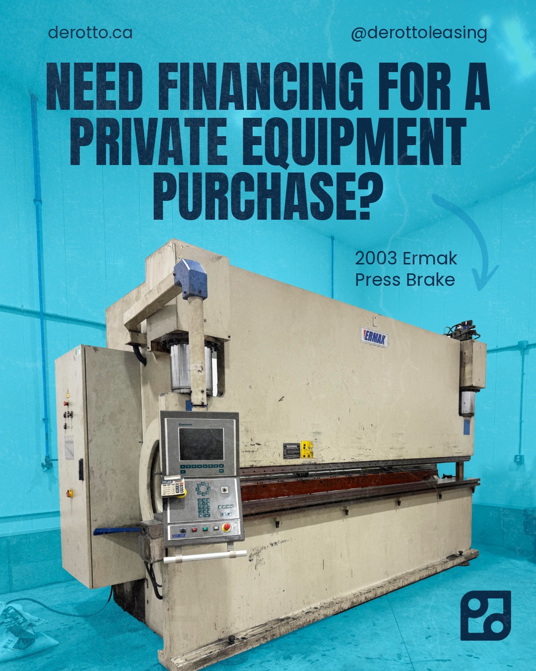 DEROTTO recently helped a new client secure $40,000 financing for a 2003 Ermak Press Brake purchased from a private seller at single digit rates.
Financing equipment through a private sale can come with added challenges. Fewer lenders, more conditions, and often a more complicated process.
That’s where working with the right partner makes all the difference.
With access to a wide network of lenders, DEROTTO can help structure financing for private transactions and keep things moving smoothly.
If you’re purchasing equipment from a private seller and not sure where to start, we can help.
Reach out to DEROTTO to explore your options
