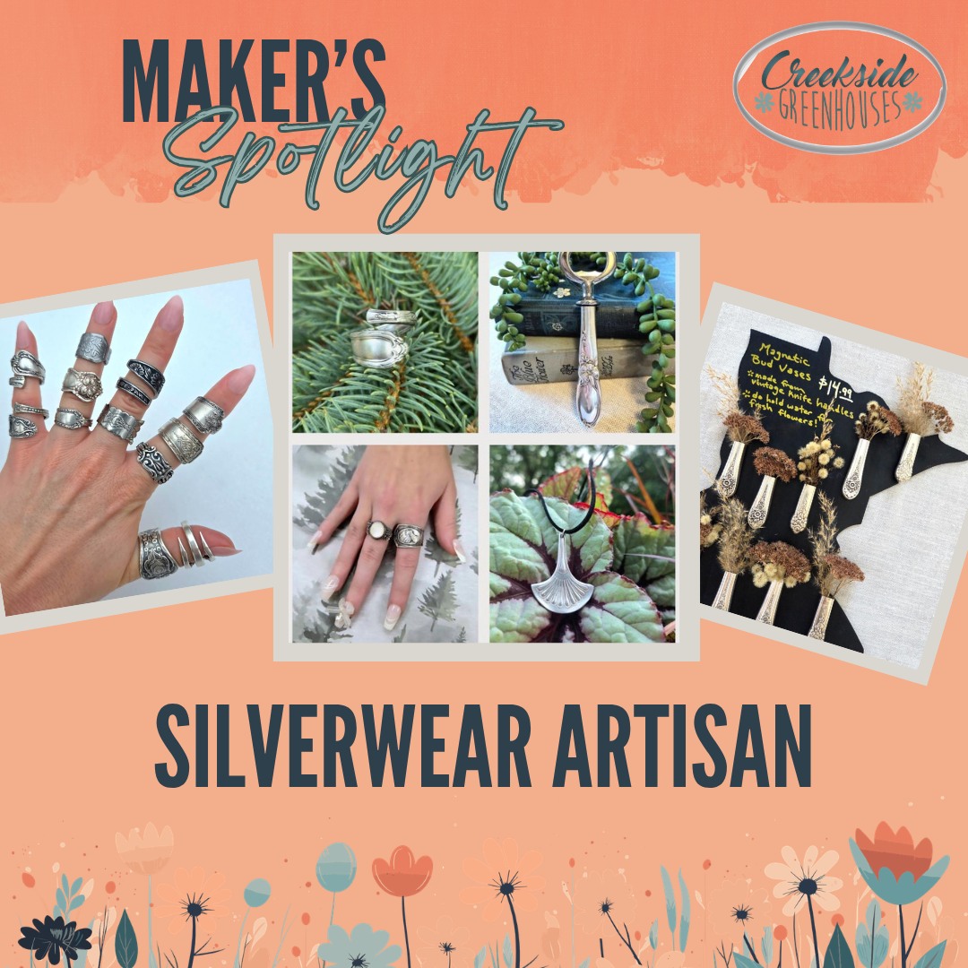 🌸Welcome Back - SilverWear Artisan 🌸
SilverWear Artisan is all about breathing new life into vintage silverware--transforming timeless pieces into wearable art and nostalgic decor.
At Creekside Greenhouses for our Maker's Market on Sat May 16th 9a-2p.
#creeksidegreenhouses #creeksidemakersmarket #creeksidegreenhousesmn #creekside #flowerpower #makersgonnamake #makerspotlights