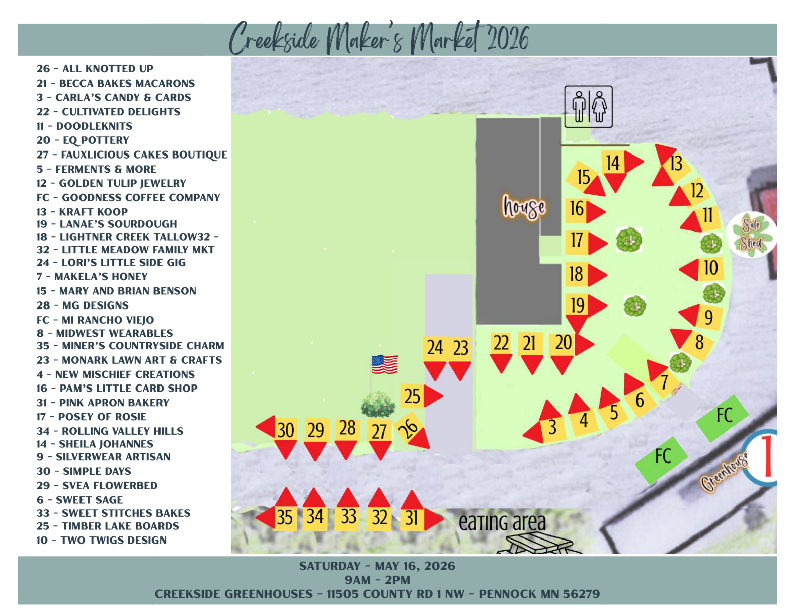 Here is our Maker map - if you are curious to know where your favorite maker will be located - but we do suggest that you take the time to do the entire loop of all of our fabulous makers! See you soon - Saturday May 16th, 9a to 2p🌸
#creeksidegreenhouses #creeksidemakersmarket #creeksidegreenhousesmn #creekside #flowerpower #makersgonnamake #makerspotlights