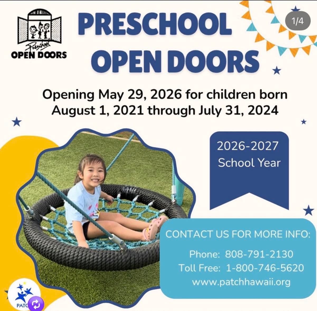 Every keiki deserves a strong start. 💙
If you’ve been wondering how to make preschool more affordable for your little one, Preschool Open Doors can help! Applications open May 29, 2026 for children born 8/1/2021 – 7/31/2024.
Two easy ways to apply:
🌺 PDF: patchhawaii.org
🌺 Online: childcaresubsidyapplication.dhs.hawaii.gov
Questions? Call PATCH at 808-791-2130 or toll free 1-800-746-5620.
We can’t wait to welcome your child to the ELS ʻohana! 🌈
#ELSPreschool #PreschoolOpenDoors #MauiPreschool #PATCHHawaii #InvestInKeiki #MauiFamilies #PreschoolReady #2026SchoolYear