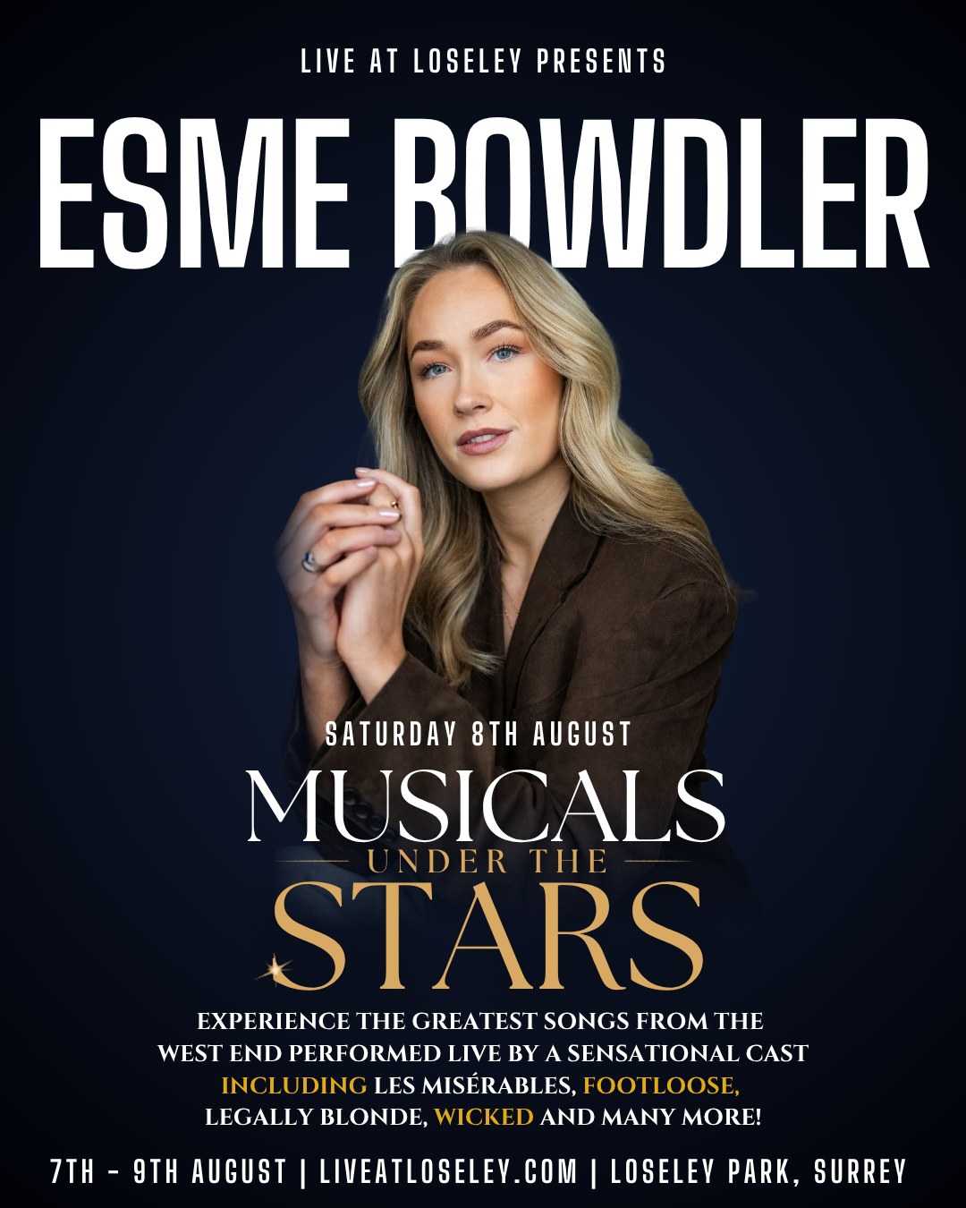 We are so excited to announce that Esme Bowdler is joining the line-up for Musicals Under the Stars this summer. ✨
You'll know her from ITV's Mamma Mia! I Have A Dream and the West End's Heathers the Musical and now she's bringing that extraordinary voice to the grounds of Loseley Park, Surrey.
📅 Saturday 8th August 2026
📍 Loseley Park, Guildford, Surrey
🎟️ Tickets on sale now — final ticket release from 5th July. Link in bio.
#EsmeBowdler #MusicalsUnderTheStars #LiveAtLoseley #LoseleyPark #MammaMia #HeathersTheMusical #WestEndLive #OutdoorConcertSurrey #SurreyEvents #GuildfordEvents #MusicalTheatre #SummerEvents2026