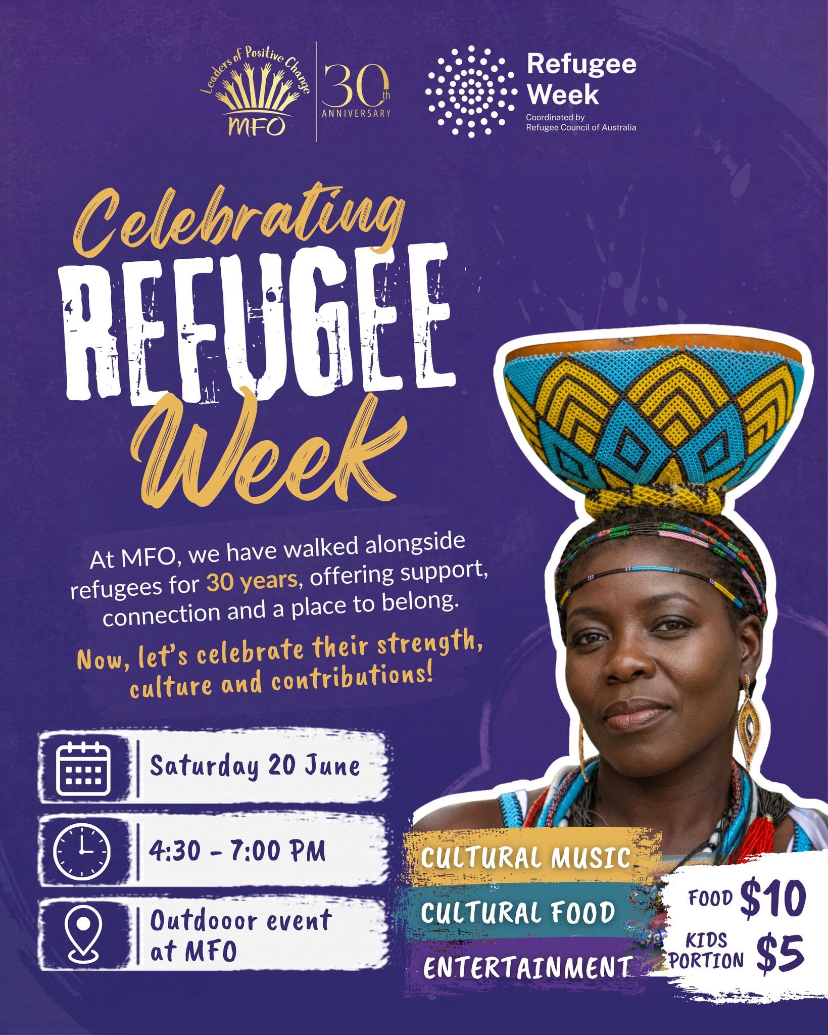 Join us at MFO as we celebrate Refugee Week on Saturday 20 June from 4:30 PM 💜 For 30 years, MFO has walked alongside refugees, offering support, connection and a place to belong. This event is about honouring the strength, resilience, culture and contributions of refugee communities, and coming together to celebrate the people, stories and traditions that enrich our community.
Everyone is welcome to join us! We look forward to celebrating together.