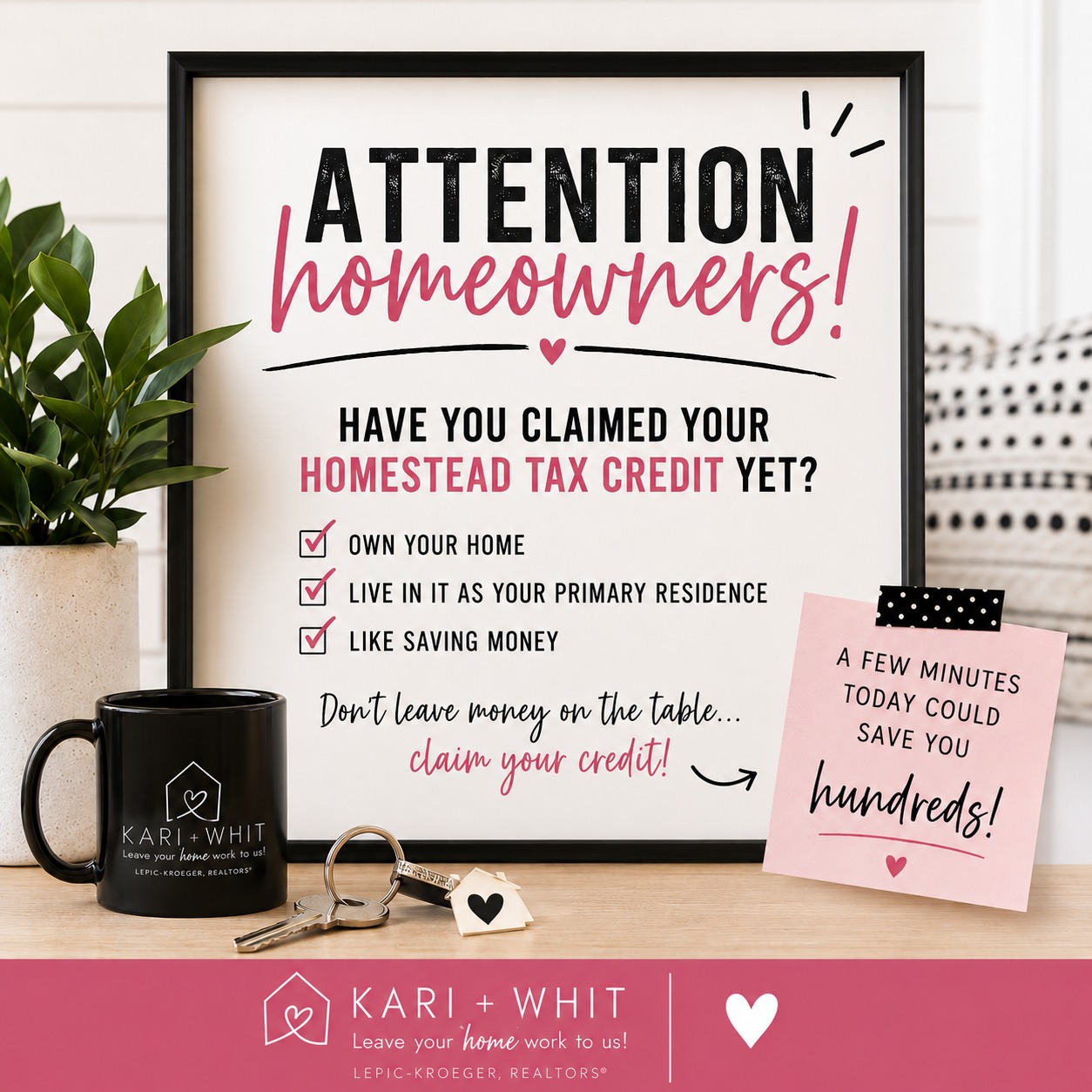 🏡 Homeowners, this is your friendly reminder! 💸
Have you claimed your Homestead Tax Credit yet? If not, you could be missing out on valuable property tax savings.
⏰ Applications must be submitted by July 1st!
Don't wait until the last minute—a few minutes today could save you money down the road.
Need help figuring out if you qualify or where to apply? Reach out and we'd be happy to point you in the right direction! ❤️
#KariAndWhit #LeaveYourHomeworkToUs #HomesteadTaxCredit #HomeownerTip #IowaRealEstate #SaveMoney #Homeownership 🏠💕