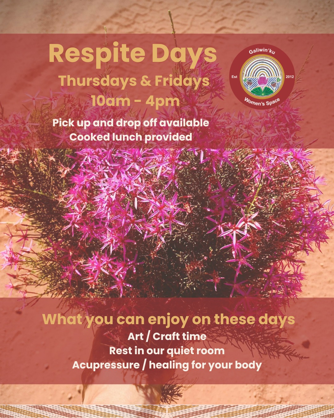 🌿 Galiwin’ku Women’s Space — Respite Days (Thu & Fri) 🌿
Join us for a peaceful break at GWS on Thursdays & Fridays, 10:00am–4:00pm.
🚌 Pick up & drop off available
What you can enjoy on these days:
✨ Art / Craft time
Relax, create, and make something beautiful
✨ Rest in our quiet room
Take time to unwind—slow down, breathe, recharge
✨ Acupressure / healing for your body
Gentle healing support to help you feel better
🥘 Cooked lunch provided
Nourishing meals to keep you comfortable all day
If you want to come, call us to reserve your spot and arrange pick up/drop off 🚌💛
8970 2221