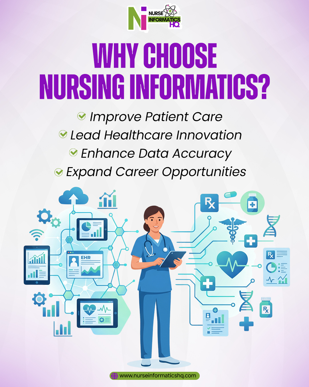🏥 Why Choose Nursing Informatics?
Nursing informatics brings together healthcare, technology, and data to create better outcomes for patients and professionals alike.
✨ Improve Patient Care
Use technology and data insights to support safer, more effective care.
🚀 Lead Healthcare Innovation
Be part of the digital transformation shaping the future of healthcare.
📊 Enhance Data Accuracy
Support informed decision-making through accurate and reliable information.
📈 Expand Career Opportunities
Develop in-demand skills that open doors to diverse and rewarding career paths.
Take the next step toward a future-focused nursing career.
🌐 www.nurseinformaticshq.com
#NursingInformatics #HealthcareTechnology #DigitalHealth #NursingCareer #PatientCare #HealthIT #HealthcareInnovation #ProfessionalDevelopment #FutureOfHealthcare #NurseLife