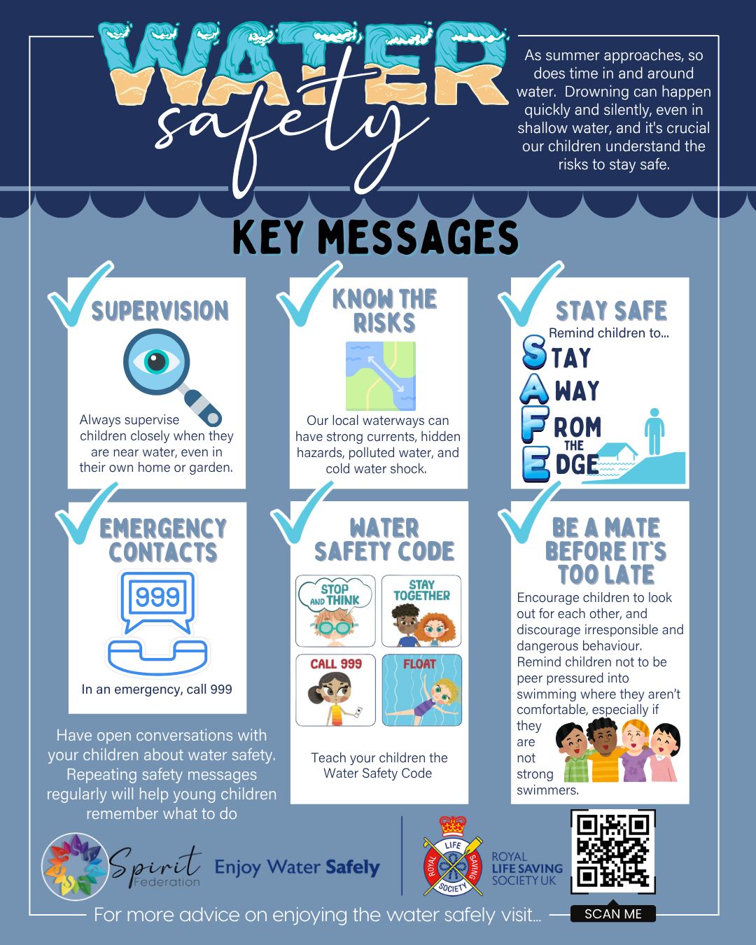 🌊 As the warmer weather approaches, keeping our children safe around water is a top priority. Children are naturally curious, and whether it’s a trip to the beach, a local river, or a garden pond, understanding water safety can save lives. ☀️
Please take a moment to look at the Water Safety Key Messages poster below and have an open conversation with your children at home about staying safe, knowing the risks, and remembering the Water Safety Code.
Let’s work together to keep our children water-confident and safe this summer! 👇 Scan the QR code on the poster for more excellent safety advice from the Royal Life Saving Society UK.
.
.
.
#DrowningPreventionWeek #watersafety #watersafetyawareness