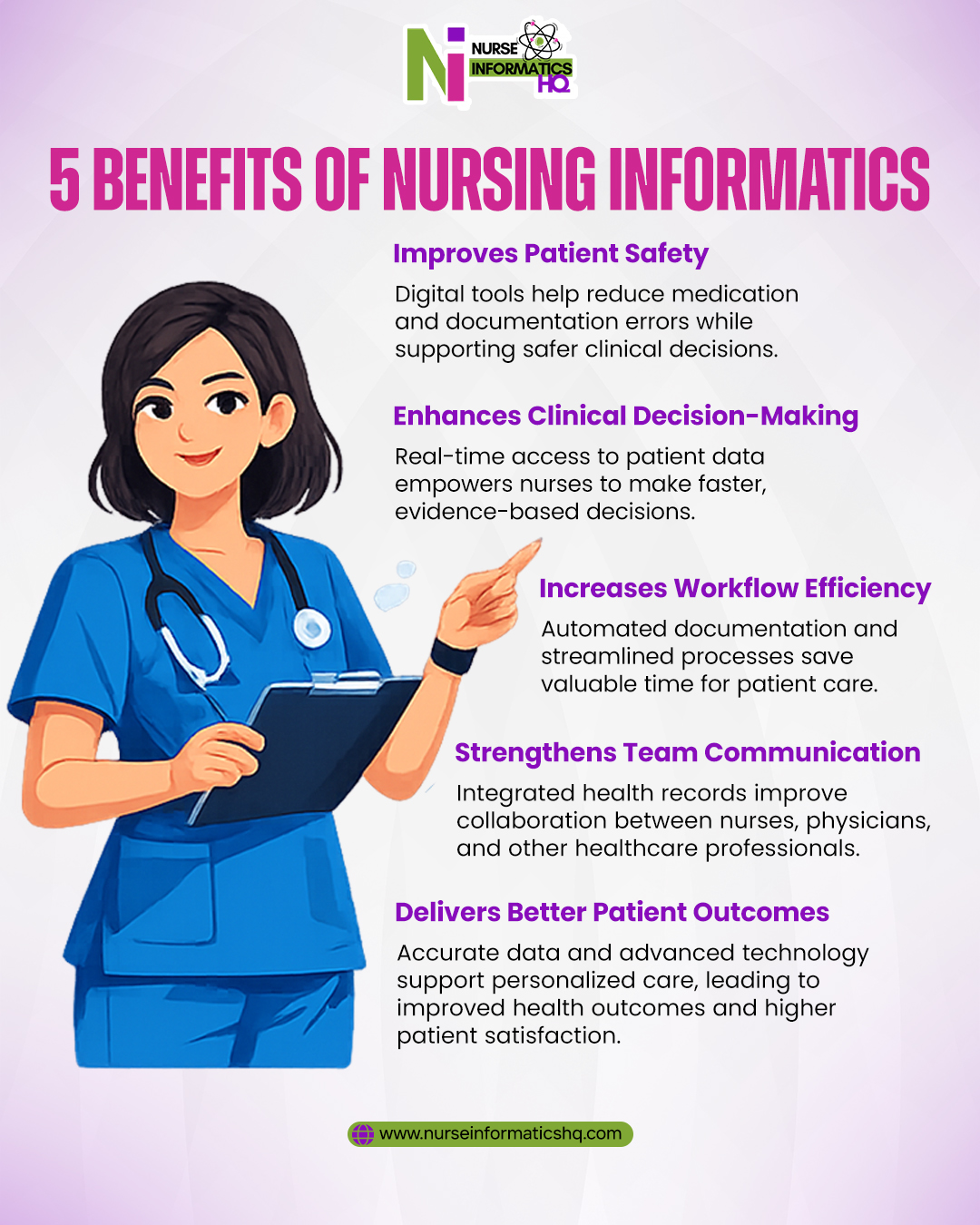 🏥 5 Benefits of Nursing Informatics
Nursing Informatics is transforming healthcare by combining clinical expertise with technology to improve patient care and healthcare outcomes.
✅ Improves Patient Safety
Digital tools help reduce medication and documentation errors while supporting safer clinical decisions.
📊 Enhances Clinical Decision-Making
Real-time access to patient data enables faster, evidence-based decisions.
⏱️ Increases Workflow Efficiency
Streamlined processes and automated documentation give nurses more time to focus on patient care.
🤝 Strengthens Team Communication
Integrated health records improve collaboration between nurses, physicians, and other healthcare professionals.
💙 Delivers Better Patient Outcomes
Accurate data and advanced technology support personalized care, leading to improved health outcomes and greater patient satisfaction.
Ready to explore the future of nursing? Learn how Nursing Informatics is shaping modern healthcare.
🌐 www.nurseinformaticshq.com
#NursingInformatics #HealthcareTechnology #NursingCareer #PatientSafety #HealthIT #ClinicalInnovation #DigitalHealth #HealthcareLeadership #NurseLife #FutureOfHealthcare
