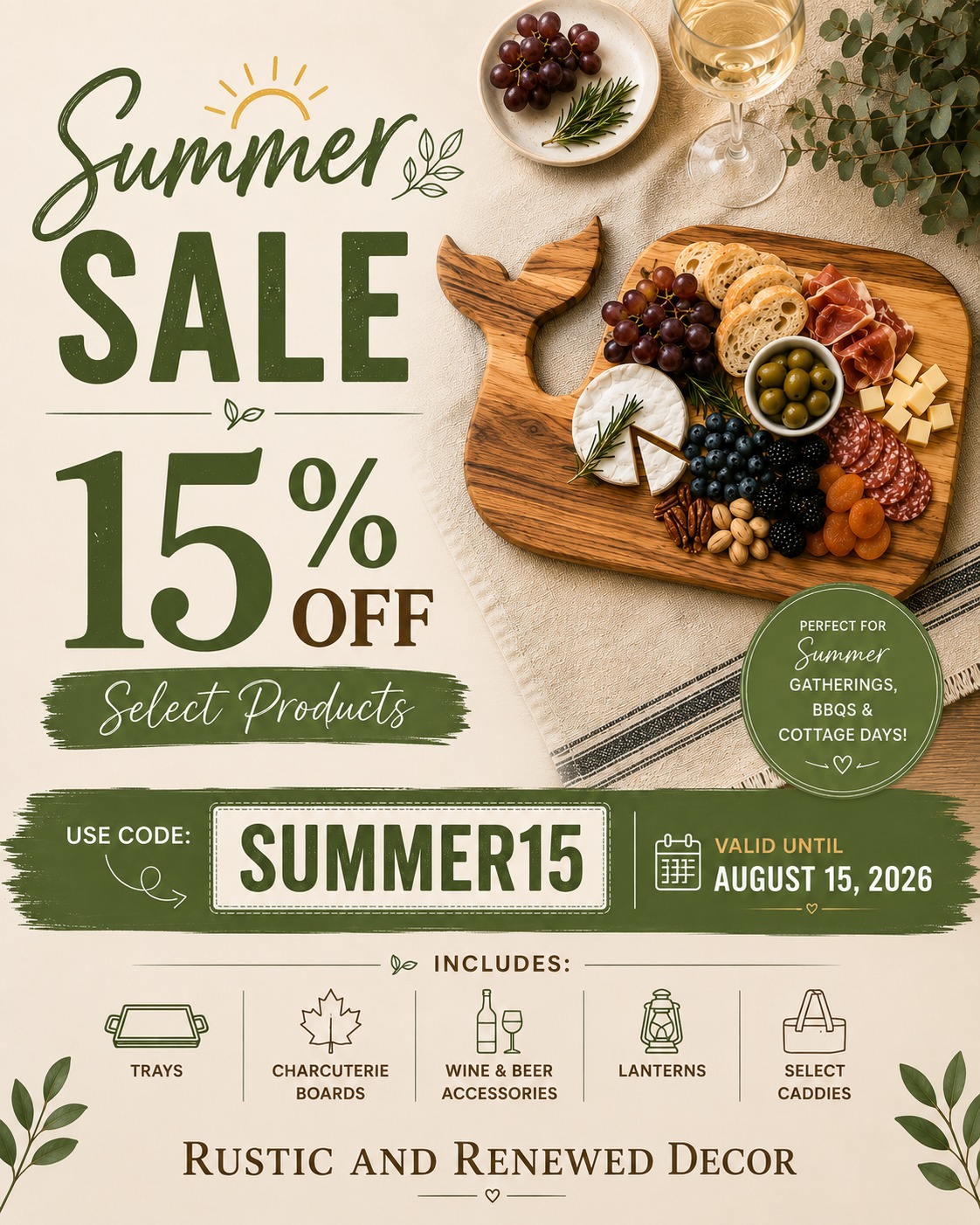 ☀️ SUMMER SALE IS HERE! ☀️
Summer gatherings, cottage weekends, backyard BBQs, and patio nights are calling!
For a limited time, save 15% on select Made to Order products including:
🍷 Wine & Beer Accessories
🧀 Charcuterie Boards
🕯️ Lanterns
🪵 Trays
🧺 Select Caddies
Choose your wood, stain, and finish to fit your decor and have it shipped anywhere in Canada.
Use coupon code SUMMER15 at checkout.
📅 Offer valid until August 15, 2026
All items are handcrafted in Canada and made with care from quality wood, creating functional pieces designed to be enjoyed for years to come. Ready to
Shop now and save on some of our most popular summer entertaining and décor items.
#RusticAndRenewedDecor #SummerSale #HandmadeInCanada #CharcuterieBoards #WoodworkingCanada