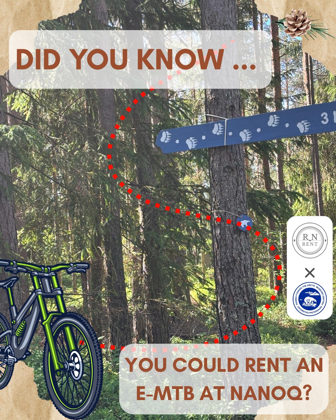 🇸🇪 SWE
🚲 Nu kan du hyra elmountainbikes hos Nanoq!
I stolt samarbete med RN Rent erbjuder Nanoq nu uthyrning av elmountainbikes (E-MTB).
Drömmer du om ett cykeläventyr men saknar egen cykel? Då har vi lösningen för dig! Vi erbjuder två fullfjädrade elmountainbikes för uthyrning – en i storlek M och en i storlek L.
Cyklarna hämtas och återlämnas på museiområdet under museets ordinarie öppettider.
Priser
🚴 3 timmar – 45 €
🚴 24 timmar – 64 €
🚴 Tilläggsdygn – 49 €
📩 Kontakta Nanoq eller RN Rent för mer information eller för att boka!
🇫🇮 FI
🚲 Nyt voit vuokrata sähkömaastopyörän Nanoqista!
Nanoq tarjoaa ylpeänä yhteistyössä RN Rentiin kanssa sähkömaastopyörien (E-MTB) vuokrausta.
Haluaisitko lähteä pyöräseikkailulle, mutta sinulla ei ole omaa pyörää? Meiltä löytyy ratkaisu! Tarjoamme vuokralle kaksi täysjousitettua sähkömaastopyörää – toisen koossa M ja toisen koossa L.
Pyörät noudetaan ja palautetaan museolle, museon aukioloaikojen aikana. normaalien aukioloaikojen puitteissa.
Hinnat
🚴 3 tuntia – 45 €
🚴 24 tuntia – 64 €
🚴 Lisävuorokausi – 49 €
📩 Ota yhteyttä Nanoqiin tai RN Rentiin henkilökuntaan saadaksesi lisätietoja tai varataaksesi pyörän!
🇬🇧 ENG
🚲 You can now rent electric mountain bikes at Nanoq!
In proud collaboration with RN Rent, Nanoq now offers electric mountain bike (E-MTB) rentals.
Dreaming of a cycling adventure but don't have your own bike? We've got you covered! We offer two full-suspension electric mountain bikes for rent – one in size M and one in size L.
The bikes can be picked up and returned at the museum during the museum's regular opening hours.
Prices
🚴 3 hours – €45
🚴 24 hours – €64
🚴 Additional 24 hours – €49
📩 Contact Nanoq or RN Rent for more information or to book your bike!