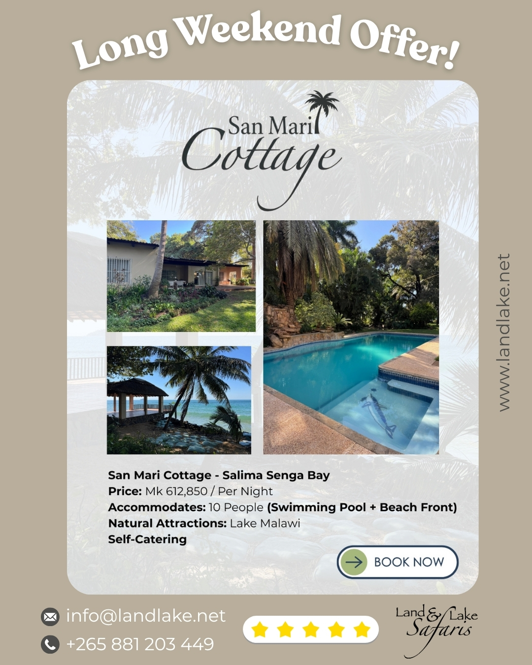Two destinations. Two unique experiences. One unforgettable escape. 🌿
Whether you're dreaming of waking up to the gentle waves of Lake Malawi, breathing in the cool mountain air of Zomba Plateau,Land & Lake Safaris has the perfect stay waiting for you.
🏖️ San Mari Cottage – Your private lakeside retreat in Senga Bay, complete with a swimming pool and direct beach access.
⛰️ Burgess House – A tranquil mountain escape on the breathtaking Zomba Plateau, where every sunrise comes with spectacular views.
No matter your travel style, there's a Land & Lake destination ready to welcome you.
📍 Book your next escape today.
📞 +265 881 203 449
📧 info@landlake.net
🌐 www.landlake.net
#LandAndLakeSafaris #OneWildLegacy #VisitMalawi #TravelMalawi #SanMariCottage #BurgessHouse #DzalanyamaForestLodge #LakeMalawi #ZombaPlateau #NatureEscape #WeekendGetaway #ExploreMalawi #AdventureAwaits