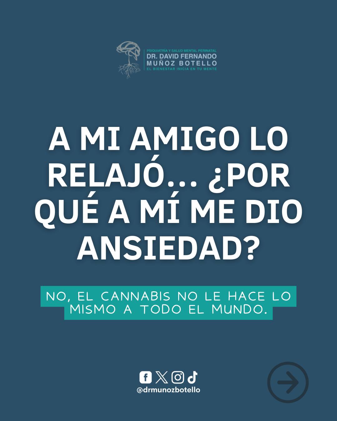 🍃 El cannabis no afecta a todas las personas de la misma manera.
Mientras algunas personas experimentan relajación, otras pueden presentar ansiedad intensa, paranoia o incluso síntomas psicóticos.
La respuesta depende de factores como la edad de inicio del consumo, la frecuencia, la concentración de THC y la vulnerabilidad individual.
Informarte también es una forma de cuidar tu salud mental.
#drmunozbotello #SaludMental #Cannabis #Psiquiatría #Ansiedad #Psicosis #Prevención #BienestarMental