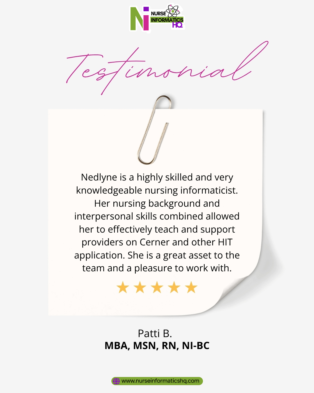 💙 What Our Community Is Saying
"Nedlyne is a highly skilled and very knowledgeable nursing informaticist. Her nursing background and interpersonal skills allowed her to effectively teach and support providers on Cerner and other health IT applications. She is a great asset to the team and a pleasure to work with."
— Patti B., MBA, MSN, RN, NI-BC
Testimonials like this reflect the impact that expertise, dedication, and a passion for education can have on healthcare professionals and organizations.
At Nurse Informatics HQ, we're committed to empowering nurses with the knowledge and skills they need to thrive in the evolving world of healthcare technology.
Ready to take the next step in your career?
🌐 www.nurseinformaticshq.com
#NurseInformaticsHQ #NursingInformatics #HealthcareTechnology #DigitalHealth #NursingLeadership #CareerGrowth #HealthIT #ProfessionalDevelopment #HealthcareInnovation #NurseEducation
