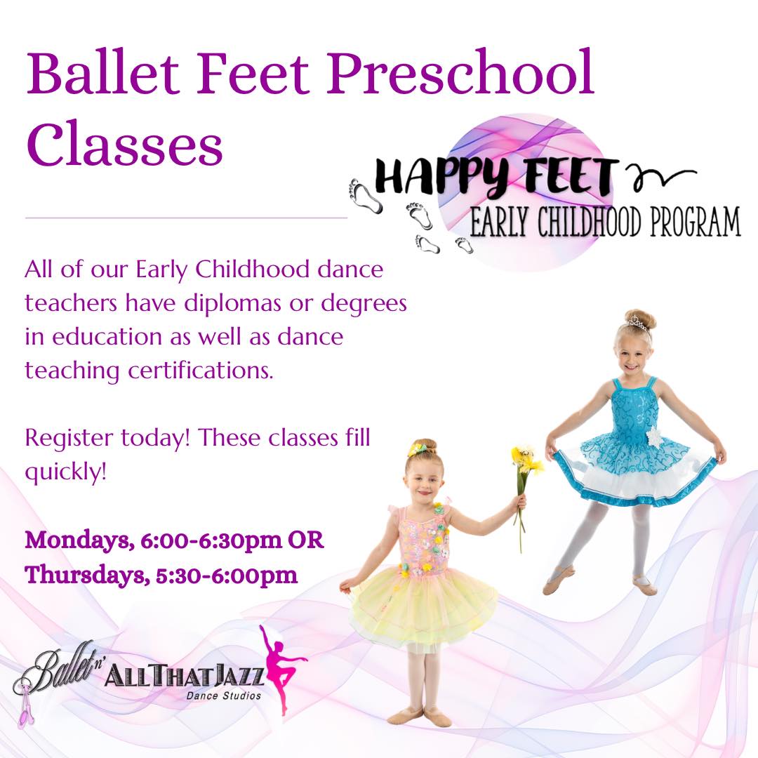 🩰 Ballet Feet preschool classes (must by 3 years by Dec) are a great way to introduce your little one to dance and creative movement! Register today - only 3 spaces open on Mondays and 6 on Thursdays!
https://www.balletnallthatjazz.com/happyfeet