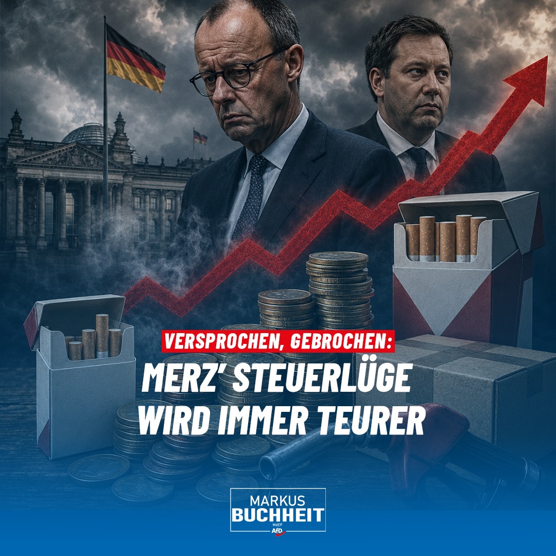 Merz hat vor den Wahlen versprochen, dass es keine Steuererhöhungen geben wird. Jetzt plant sein Finanzminister Klingbeil eine Tabaksteuererhöhung um 55 Prozent bis 2030!
Eine Schachtel Zigaretten soll dann knapp 12 Euro kosten - heute sind es rund 8 Euro. Offiziell zur „Haushaltskonsolidierung" und zum „Schutz der Gesundheit“, in Wahrheit sollen die klaffenden Haushaltslöcher durch die Raucher gestopft werden.
Spritpreise rauf, Tabaksteuer rauf. Die Liste der Belastungen für den normalen Bürger wird täglich länger - so auch die Liste der gebrochenen Versprechen der Koalition.
