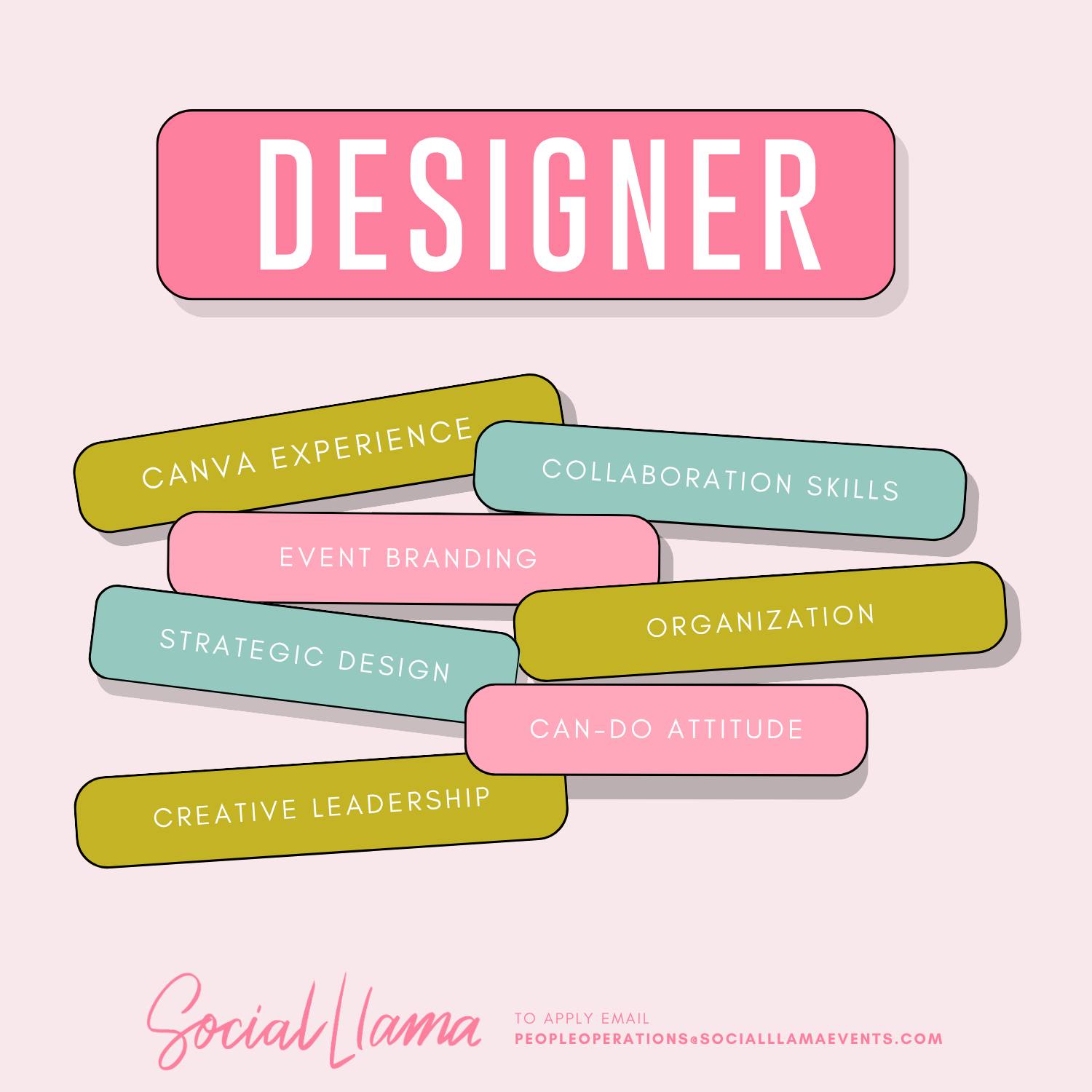 Calling all creatives, we're hiring a designer!! 🦙💖
Our llama team is growing, and we're looking for someone highly creative to help us bring our clients' visions to life!! Looking for someone to join our team in person in Dallas!
Email your resume & portfolio to peopleoperations@socialllamaevents.com to apply!!