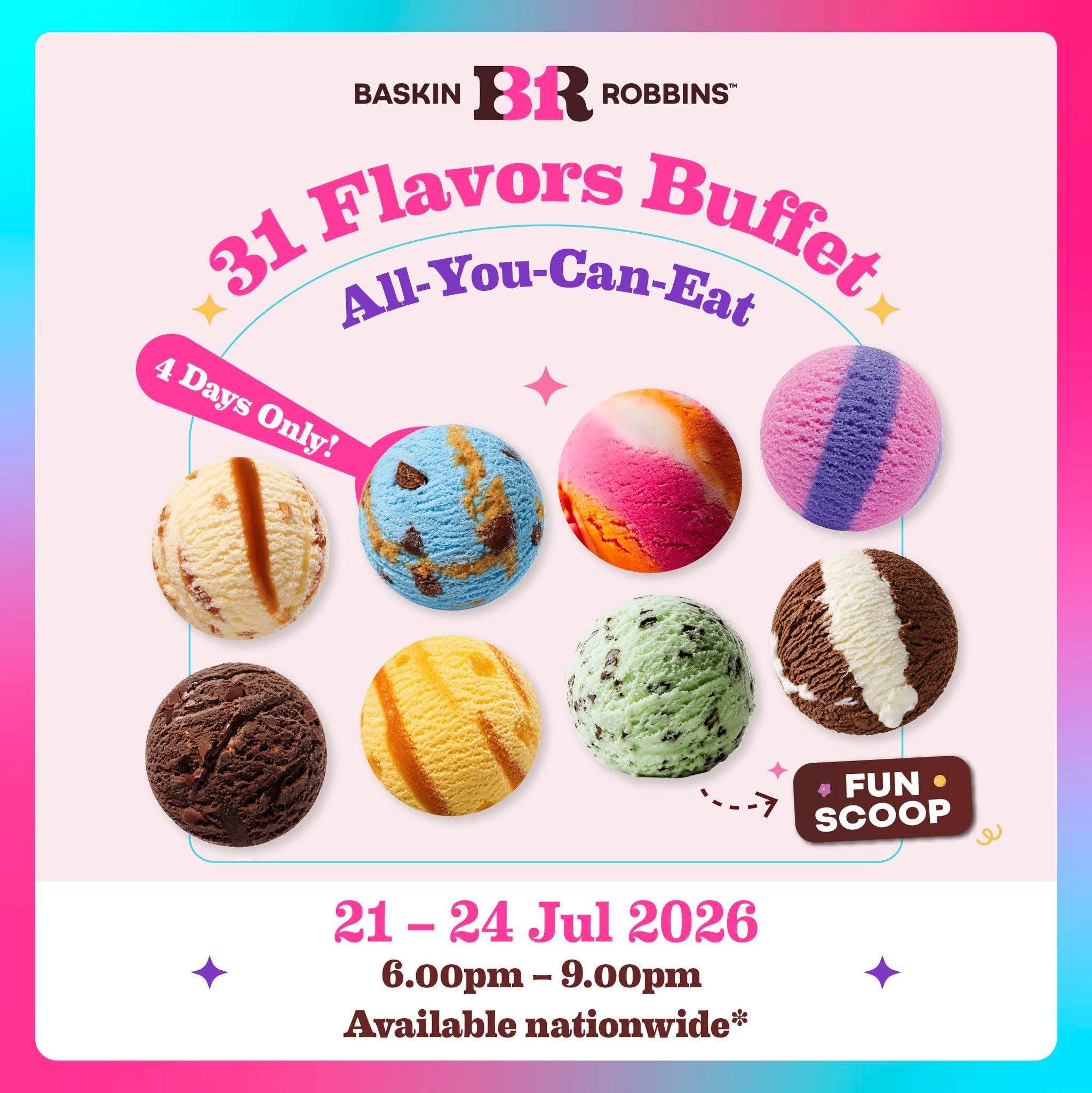 🚨 Ask and you shall receive. Our 31 Flavors Buffet is BACK BY POPULAR DEMAND‼️
We are celebrating International Ice Cream Month the only way we know how—with 4 days of absolute paradise. Get unlimited scoops of our world-famous flavors for only RM31! 🍨✨
How many of our 31 flavors can you try in one sitting? 📝🍦Gather the crew and let's find out!
📍 First Floor, Lot KF8
#BaskinRobbinsMalaysia #LiveFlavorfully