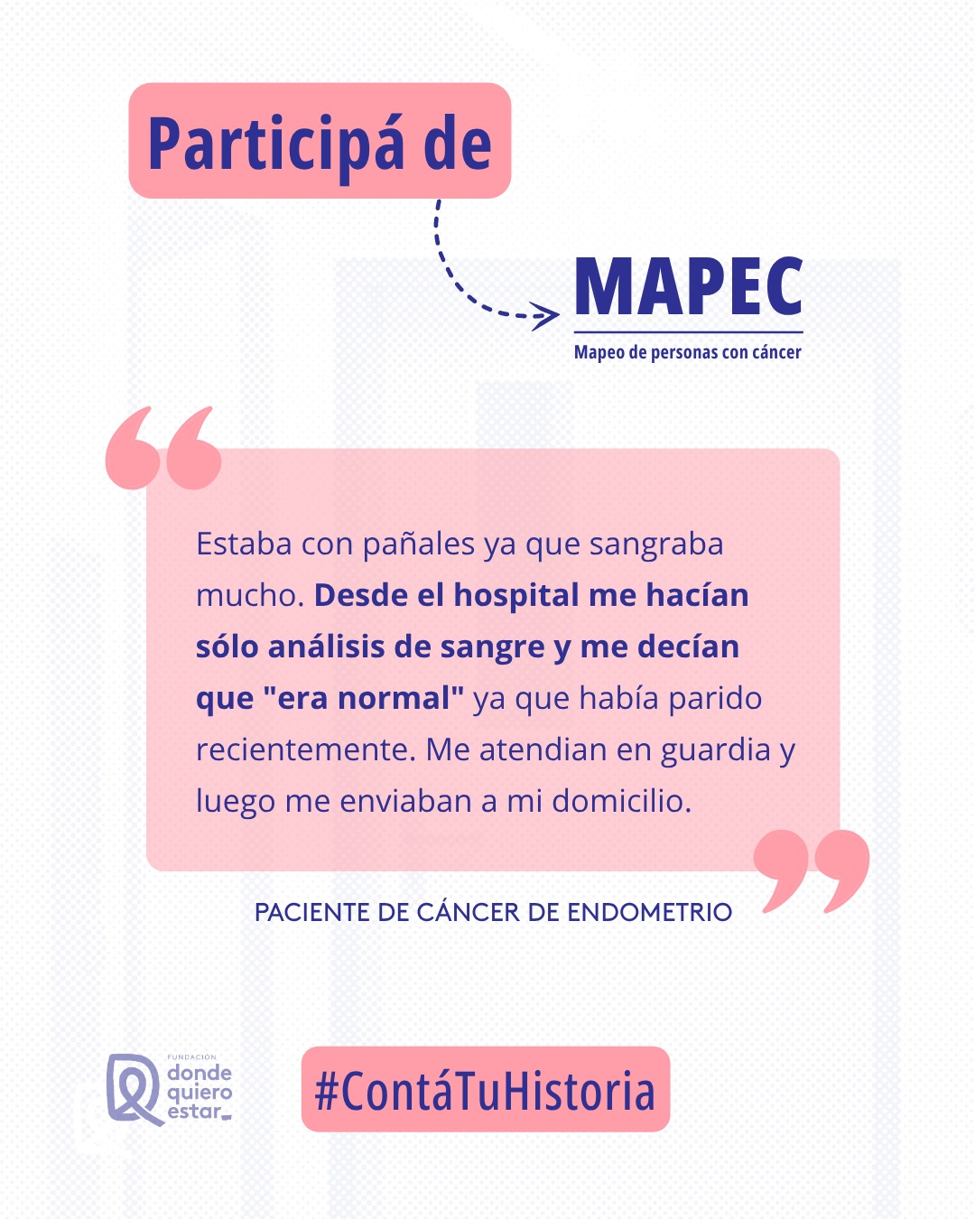 "Me decían que 'era normal'..." 🌸
Detrás de este testimonio de una paciente con cáncer de endometrio hay una realidad que nos invita a reflexionar: la importancia de que los síntomas ginecológicos se escuchen con atención y se investiguen a fondo desde el primer momento.
Para lograr que los diagnósticos lleguen a tiempo y que la atención médica sea cada vez más ágil, el primer paso es conocer el camino que recorren las pacientes. Tu experiencia tiene un valor inmenso para ayudarnos a construir un sistema de salud más empático y eficiente.
Por eso, desde la Fundación Donde Quiero Estar impulsamos MAPEC 2026 (Mapeo de Personas con Cáncer). Queremos relevar de forma constructiva cómo es el acceso al diagnóstico y tratamiento para trabajar activamente en sus mejoras.
📍 Zonas prioritarias que estamos mapeando:
Si vivís en alguna de estas provincias, tu participación es clave para armar el mapa:
Buenos Aires
CABA
Córdoba
Mendoza
Misiones
Tierra del Fuego
🙌 ¿Pasaste por cáncer de Endometrio, Cérvix u Ovario en los últimos 5 años?
Tu historia tiene el poder de transformar el futuro de la atención oncológica. Al compartir tu camino, ayudás directamente a quienes hoy están en tratamiento y a quienes están por comenzarlo en tu provincia.
¡Hagamos que tu voz sume y deje una huella positiva! 💪✨
👉 Sumate y completá tus datos ingresando al link de nuestra bio: 🔗 mundocancer.com/mapec
#contátuhistoria #mapec2026 #cáncerdeendometrio #cáncerdeovario #cáncerdecérvix #saludfemenina #fundacióndondequieroestar #mundocancer #mapeooncológico ##diagnosticooportuno
@vickyvieltemperley Vicky Viel
@dondequieroestar.madariaga @dondequieroestar.lp @dondequieroestarpinamar Fundación Donde Quiero Estar Réplica Pinamar @dondequieroestarlobos @cassanobeatriz @25dondeqe @arturolodetti @nora.lopez.reflexologiaclinica @milangapaya @cesaraguirreayrault @losgandulfis