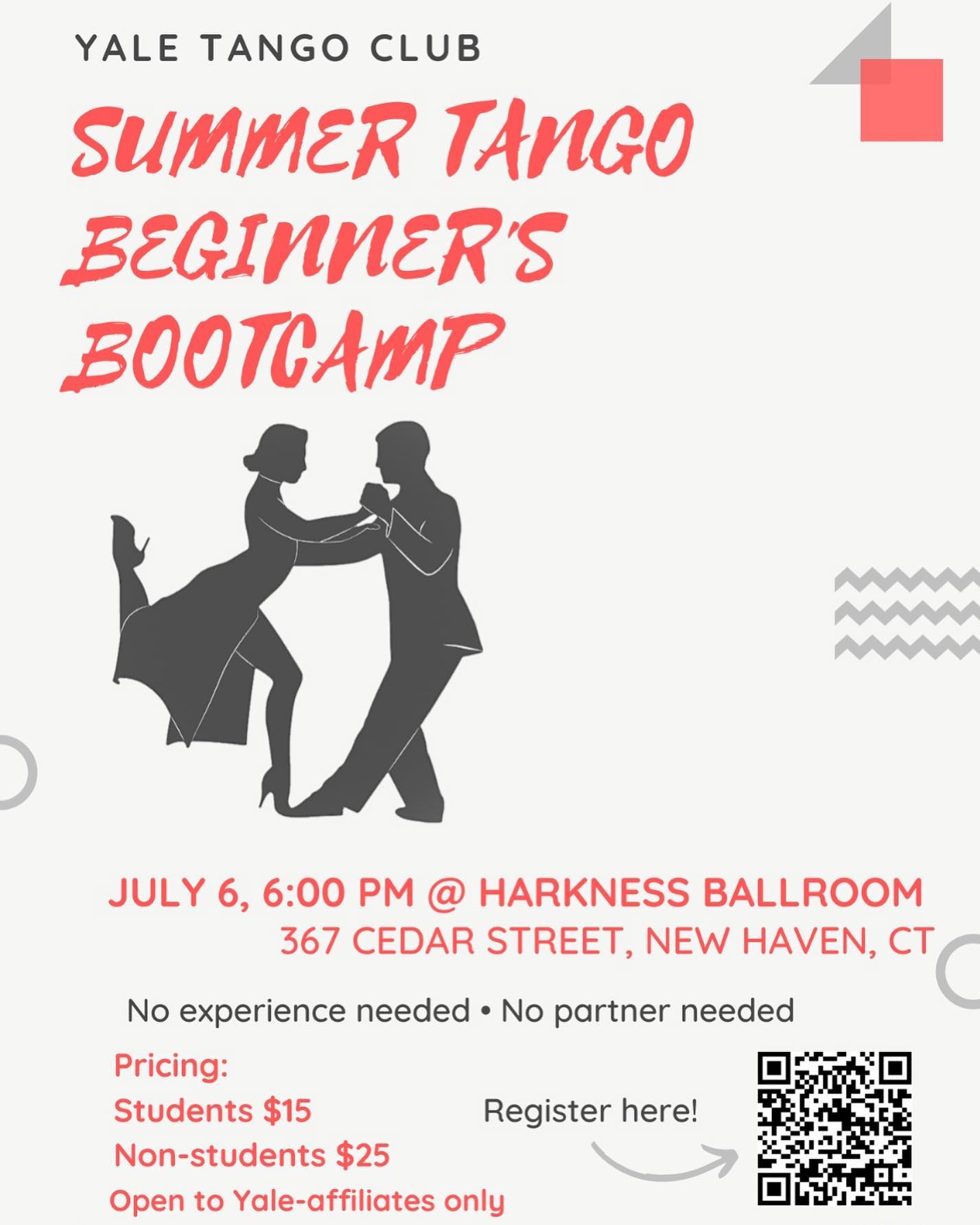 Hurry and sign up for our summer tango bootcamp for beginners! No prior experience or partner needed.
Pre-registration is mandatory and we are open only to yale faculty, staff, postdocs and students.
Come learn a new dance form with us and become part of a large, diverse and vibrant tango community at Yale 💃✨