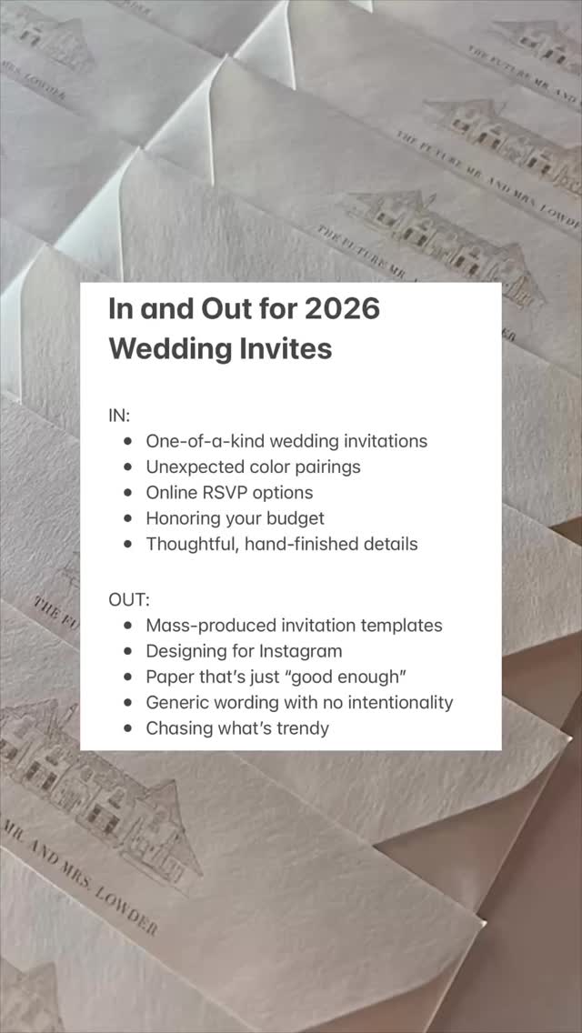 2026 invitations aren’t trying to go viral.
They’re personal, considered, and crafted by real hands. We do things differently because we know the first impression of your wedding should feel like you, not everybody else.