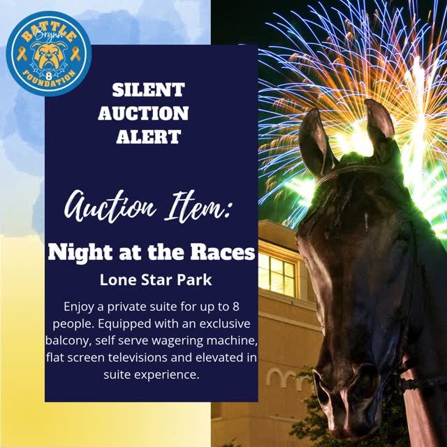 Bidding is LIVE! https://web.bidbeacon.com/share/auction.php?code=6M3G2M
Get ready for an unforgettable evening at Lone Star Park! Bid on a Night at the Races in a Prime Suite on the Finish Line — complete with a private balcony, exclusive bar, self-serve wagering machine, flat screens, and a next-level in-suite catering experience. 🍾🎉
A huge thank you to a special family for their generous donation of this incredible experience to support the Battle Brynn Foundation. 💛
Let the bidding begin! 🎟️ #BattleBrynnFoundation #SilentAuction #NightAtTheRaces #ThankfulHearts