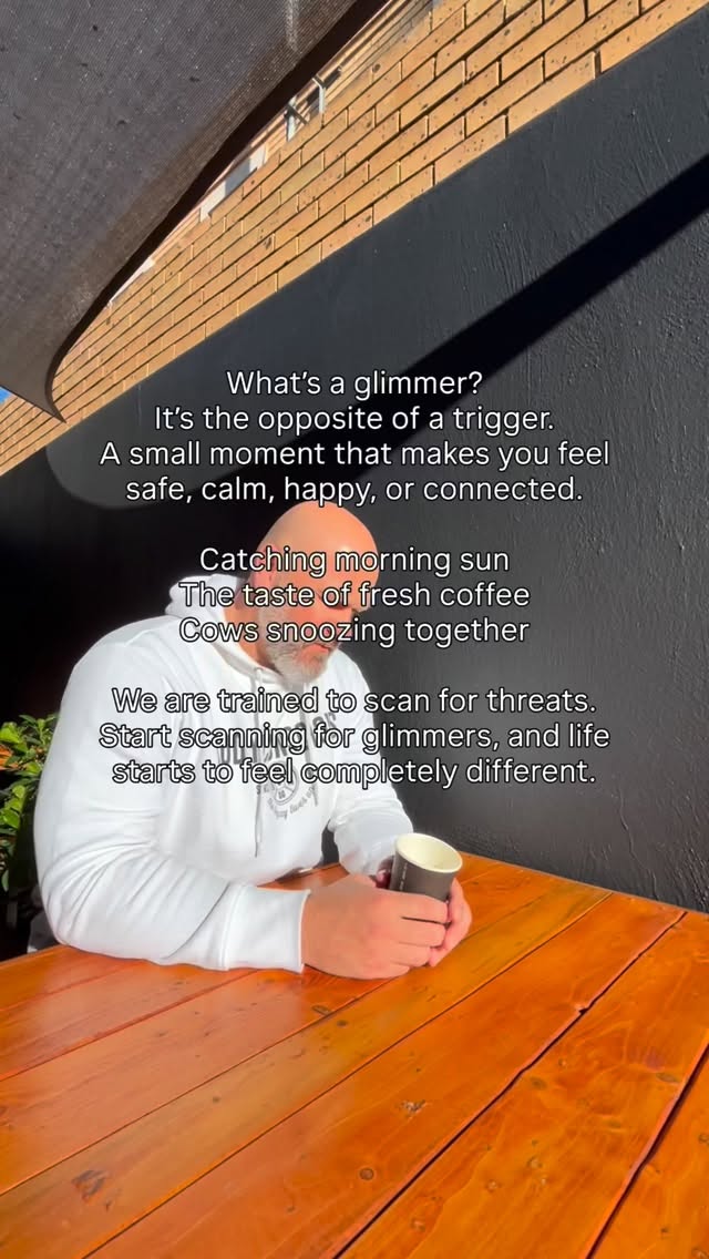 What’s a glimmer?
It’s the opposite of a trigger.
A small moment that makes you feel safe, calm, happy, or connected.
Catching morning sun
The taste of fresh coffee
Cows snoozing together
We are trained to scan for threats.
Start scanning for glimmers, and life starts to feel completely different.