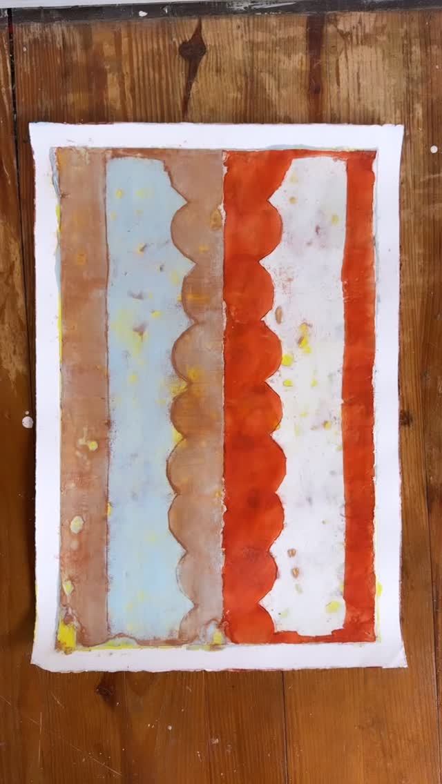 💅🏻💅🏻Just a few new 22x15 inch encaustic on paper pieces currently in progress. A shade of cerulean blue paired with an earthy red seems to have made its way back from the beach with me. New summer series coming in July! 🛼🛼