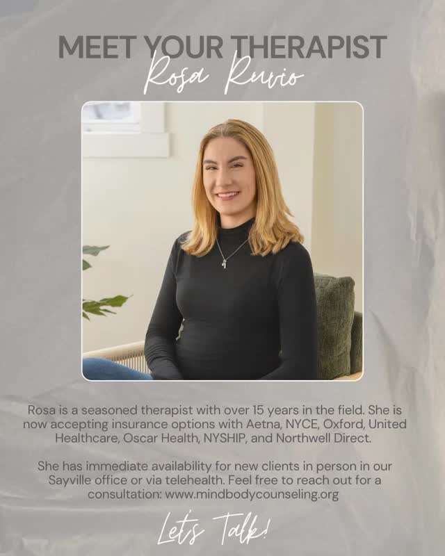 Rosa incorporates mind-body and somatic practices into her work, helping clients move beyond simply talking about their struggles and toward meaningful healing and lasting change.
She has immediate availability for new clients, both in-person at our Sayville office and via telehealth.
For a consultation, visit: www.mindbodycounseling.org
#MindBodyCounseling #SomaticTherapy #HolisticMentalHealth #SayvilleTherapist #Te