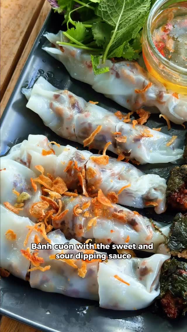 Visiting for lunch this afternoon? Try our bánh cuốn special! Rice paper rolls are filled with fragrant pork mince and wood ear mushrooms. Dipped in nước chấm, these are a dreamy lunch that won't leave you feeling bloated 🌞