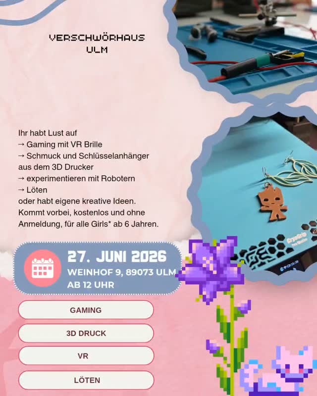 Diesen Samstag sind 3D und Game Lab offen, die Teilnehmer:innen können alles ausprobieren/nutzen, auch gerne eigene Projekte und Ideen mitbringen. Ab 12 Uhr geht's los.
Wir vom VSH freuen uns auf alle die dabei sein wollen :)
Mehr Infos zu dieser und anderen Veranstaltungen gibt's auf verschwoerhaus.de