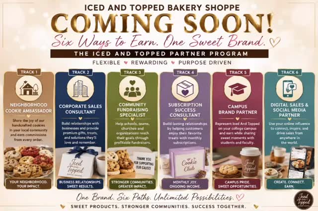 🚨 COMING SOON... A Brand-New Way to Earn with Iced And Topped Bakery Shoppe! 🍪☕✨
What if your love for cookies, coffee, and connecting with people could become an additional stream of income?
We’re excited to introduce the Iced And Topped Partner Program—designed for people who want the flexibility to earn on their own schedule while representing a brand known for handcrafted desserts, premium coffee, and unforgettable customer experiences.
Whether you’re looking for a side hustle, supplemental income, or a way to build your own client base, there’s a path designed just for you.
🍪 Track 1: Neighborhood Cookie Ambassador
🏢 Track 2: Corporate Sales Consultant
🎉 Track 3: Community Fundraising Specialist
📦 Track 4: Subscription Success Consultant
🎓 Track 5: Campus Brand Partner
📱 Track 6: Digital Sales & Social Media Partner
No baking. No storefront. No franchise fees.
Just real opportunities to represent a growing bakery brand while helping bring sweet moments to homes, businesses, schools, campuses, and communities across the country.
This is more than a sales program—it’s an opportunity to grow with a company that’s passionate about people, quality, and creating memorable experiences.
✨ Applications will be opening soon, and we’ll be looking for our very first class of Iced And Topped Partners.
If you’re interested in learning more, comment “SWEET” below or send us a message so you’ll be among the first to receive program details when enrollment opens.
🍪 One Brand. Six Ways to Earn. Unlimited Possibilities.
#IcedAndTopped #IcedAndToppedPartnerProgram #CookieAmbassador #CorporateSales #Fundraising SubscriptionBox CampusBrandPartner DigitalMarketing SideHustle WorkFromHome FlexibleIncome SmallBusiness Entrepreneur BakeryLife CoffeeLovers EarnExtraIncome BrandAmbassador SweetSuccess DouglasvilleGA TheBrandingVault AnnDanner