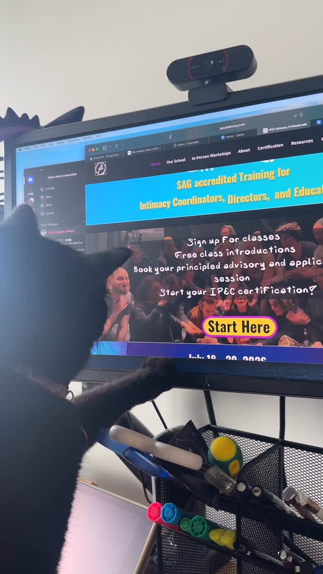 Taliesin the consent cat helps Charlie with staying on task and updating the website. #cats #catsatwork #ipecintimacy #intimacycoordinator #intimacydirector