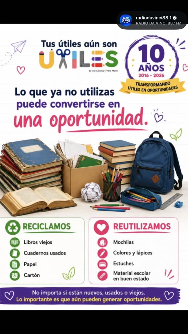 📚✏️ ¡Tus útiles aún tienen mucho por dar! ♻️🎒
Con el regreso a clases cada vez más cerca, es momento de revisar esos cuadernos, lápices, colores, mochilas y demás materiales escolares que ya no utilizas, pero que aún se encuentran en buen estado.
La campaña “Tus Útiles Son Útiles” busca dar una segunda vida a estos artículos y apoyar a estudiantes que los necesitan para continuar con su educación.
Cada donación, por pequeña que parezca, puede marcar una gran diferencia en el inicio del ciclo escolar de una niña, un niño o un joven.
💙 Revisa en casa, separa los útiles en buen estado y súmate a esta iniciativa solidaria.
Porque compartir también es una forma de educar. 📖✨
#TusÚtilesSonÚtiles #RegresoAClases #ComparteEsperanza #EducaciónParaTodos #radiodavinci @davincicancun