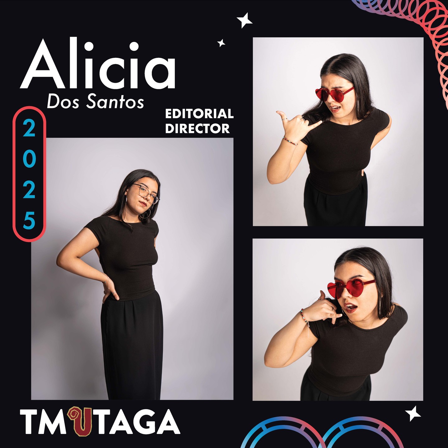 Meet TMUTAGA's Editorial team!
Hey there! I’m Alicia (uh-lee-see-yuh) and I am this year’s Editorial Director for TAGA! I’m a third-year GCM student aiming for a concentration in publishing and a minor in communication design. Getting to read through student theses has been an absolute joy, and I hope that this year’s picks will inspire our readers the same way they’ve inspired me moving forward in GCM.
Outside of school I enjoy discovering new music, perusing the skirt aisles at thrift stores, and sharing my thoughts with the void on Letterboxd. I'm usually online somewhere so feel free to say hi! @aliciadssnts_ :^)