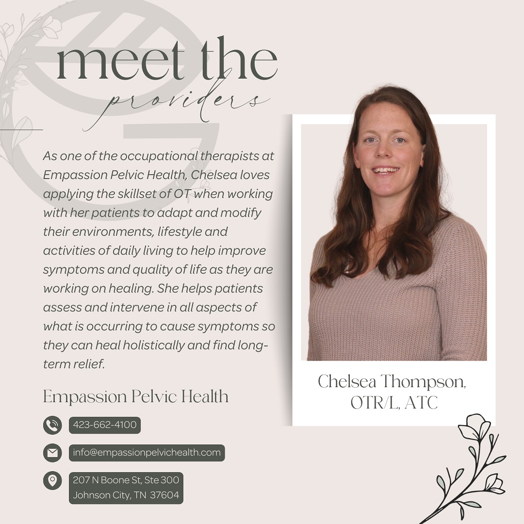 ⨠Meet Chelsea Thompson, OTR/L, ATC, another one of our incredible Grove members and a passionate pelvic health occupational therapist!
Chelseaās journey began in athletic training and grew into a deep calling to support women through pelvic floor therapy. While working as a PT tech, she saw firsthand how life-changing this work can be and knew she had to pursue it.
Now, with advanced training through Herman & Wallace and a strong OT foundation, she helps women heal holistically, looking at not just the pelvic floor, but how lifestyle, movement and environment impact recovery.
Weāre so grateful to have Chelsea as part of The Grove Health Collective! šæ Learn more about Chelsea and @empassion_pelvichealth at:
š 423.662.4100
š» www.empassionpelvichealth.com
š§ info@empassionpelavichealth.com
#TheGroveHealthCollective #MeetTheProvider #PelvicHealthOT #WomensHealthOT #JohnsonCityMoms #WholeBodyHealing #PelvicFloorTherapy #ChelseaThompsonOT