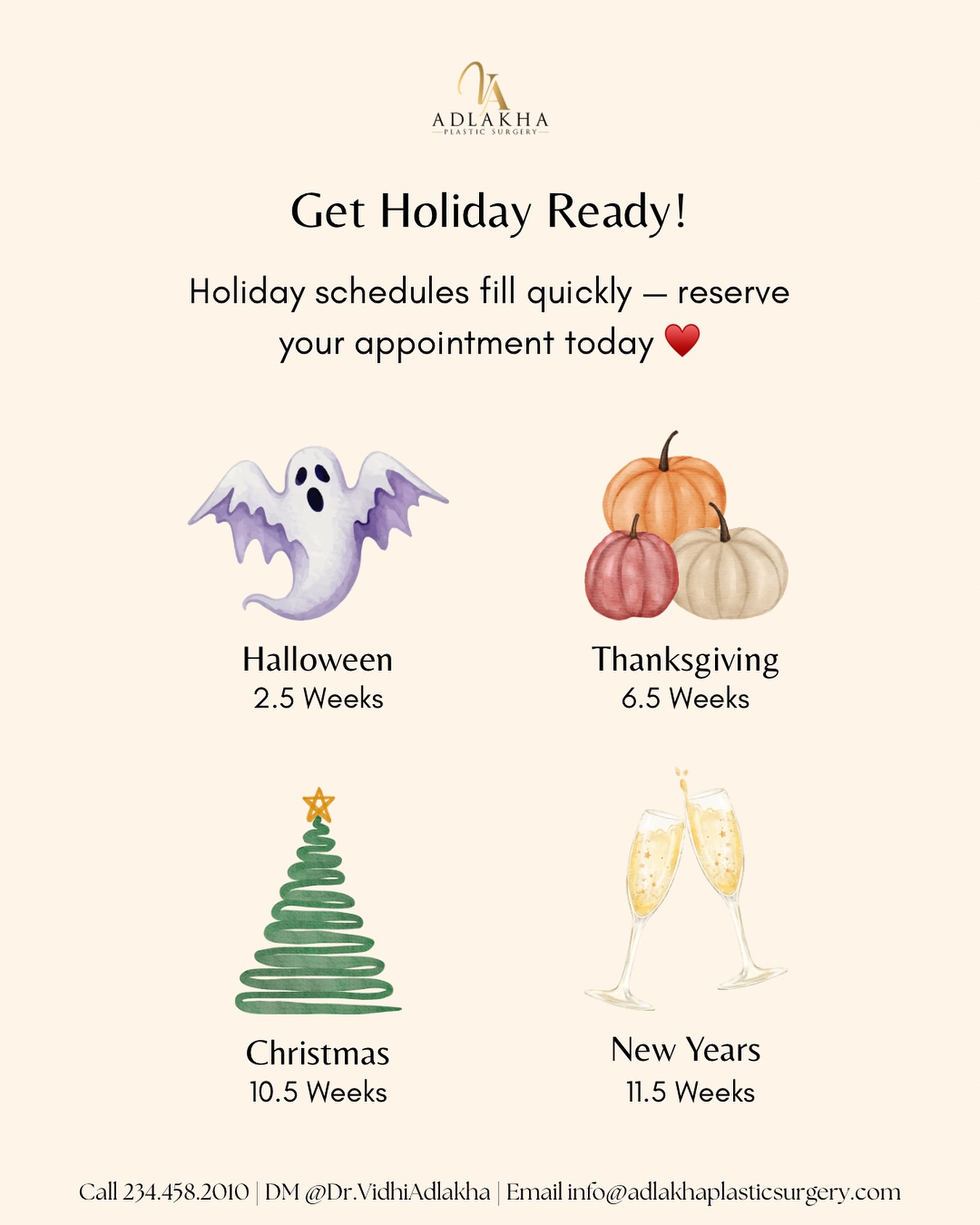 Our holiday schedule is filling up fast — be sure to book your appointment in advance! ✨
To book:
📞Call 234 458 2010
📲DM @dr.vidhiadlakha
📧Email us info@adlakhaplasticsurgery.com
💻Visit the website in my bio
#injectables #aesthetician #skincare #holidayglowup #halloween #christmas #thanksgiving #newyears #2026glowup