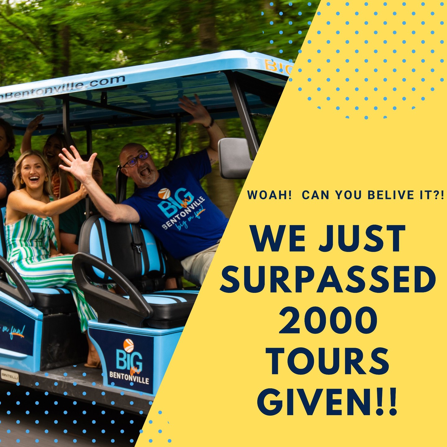 🎉 BIG milestone for Big on Bentonville — we’ve now hosted 2,000+ tours and welcomed over 6,775 guests along for the ride! Thank you to everyone who’s hopped in, laughed and learned with us, and explored Bentonville by our side. Here’s to thousands more adventures! 💛🛺✨#MilestoneMoment #2000Tours #BigMilestone #CelebratingTogether #Grateful #ThankYou