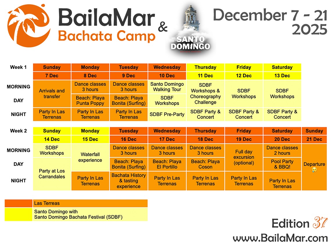 🎉 In December 2025 BailaMar unites with the Santo Domingo Bachata Festival — and you’re invited to be part of it! 💃🏽🌴
This special edition combines everything we love about our traditional BailaMar program in Las Terrenas —
✔️ Intensive bachata workshops in small groups
✔️ Daily beach adventures in beautiful Samaná
✔️ Our legendary Pool Party! 🎉
PLUS an unforgettable festival experience in Santo Domingo — with:
🌟 Workshops with international instructors
🎶 Big bachata parties
🎤 Live concerts
📅 Dates: December 7–21, 2025
✅ What’s included in the BailaMar Package:
• 14 nights accommodation (villas + hotels)
• 3 meals a day in Las Terrenas, breakfasts in Santo Domingo
• 18 hours of small-group workshops
• All program transportation
• Beach tours, waterfall trip, Santo Domingo city walk, Pool Party
• Full Pass to Santo Domingo Bachata Festival — all workshops, parties & concerts included!
📍More info & registration at: BailaMar.com
Let’s dance, explore, and celebrate bachata together in true Dominican style! 🫶🇩🇴
#BailaMar #BachataFestival #SantoDomingoBachataFestival #BachataHoliday #DominicanRepublic #DanceTravel #LasTerrenas #BachataLife #BachataAdventure #BachataRetreat