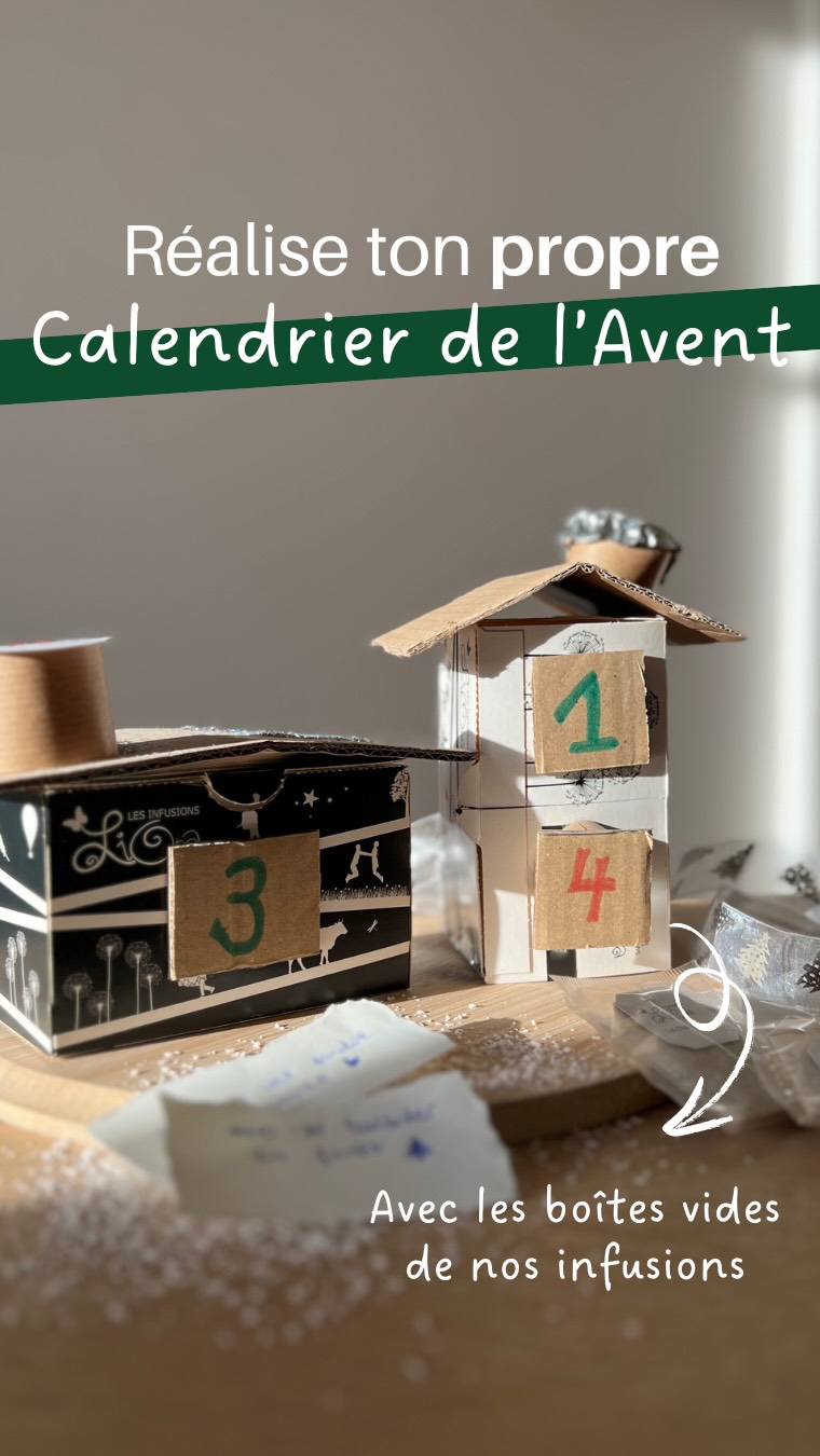 Tu as des boîtes d’infusion Lioba presque vide dans tes placards ? Parfait! Garde-les et crée un calendrier de l’Avent DIY 🎁.
Une idée 100% fait maison, récup, durable et pleine de douceur pour préparer décembre 🫶🏻